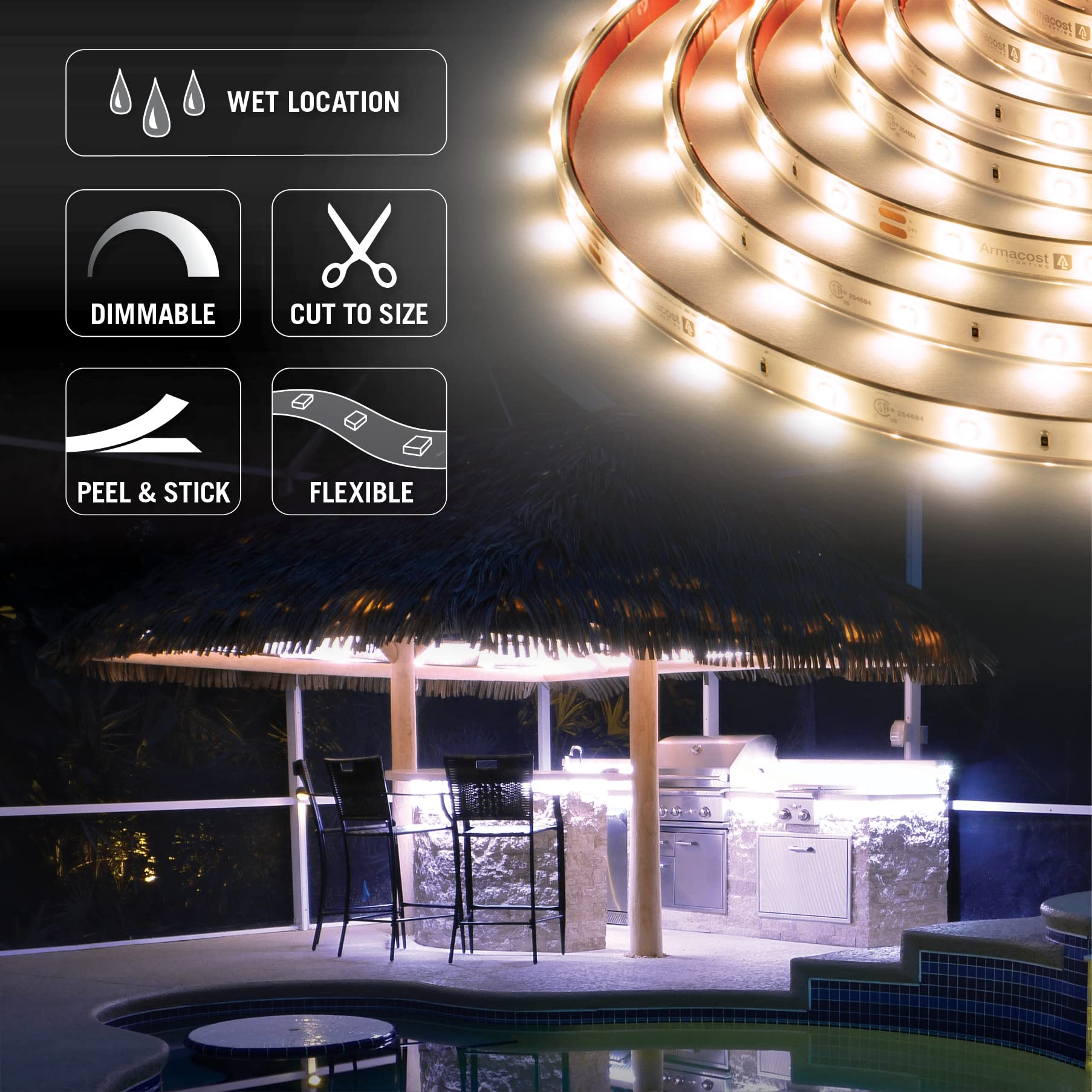Armacost RibbonFlex Pro 10M Warm White LED Strip Lights (2700K, 30LEDs/M, 24V) - Waterproof Outdoor Tape Lighting for Garden, Patio, and Landscape Decoration