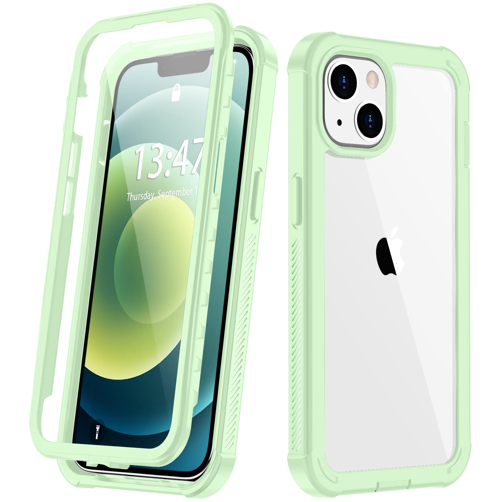 Premium Clear Shockproof iPhone 13 Case (6.1 Inch) - Slim Full Body Bumper with Built-in Screen Protector | Dustproof & Lightweight Cover | Green | Perfect for Outdoor Activities, Travel & Daily Protection