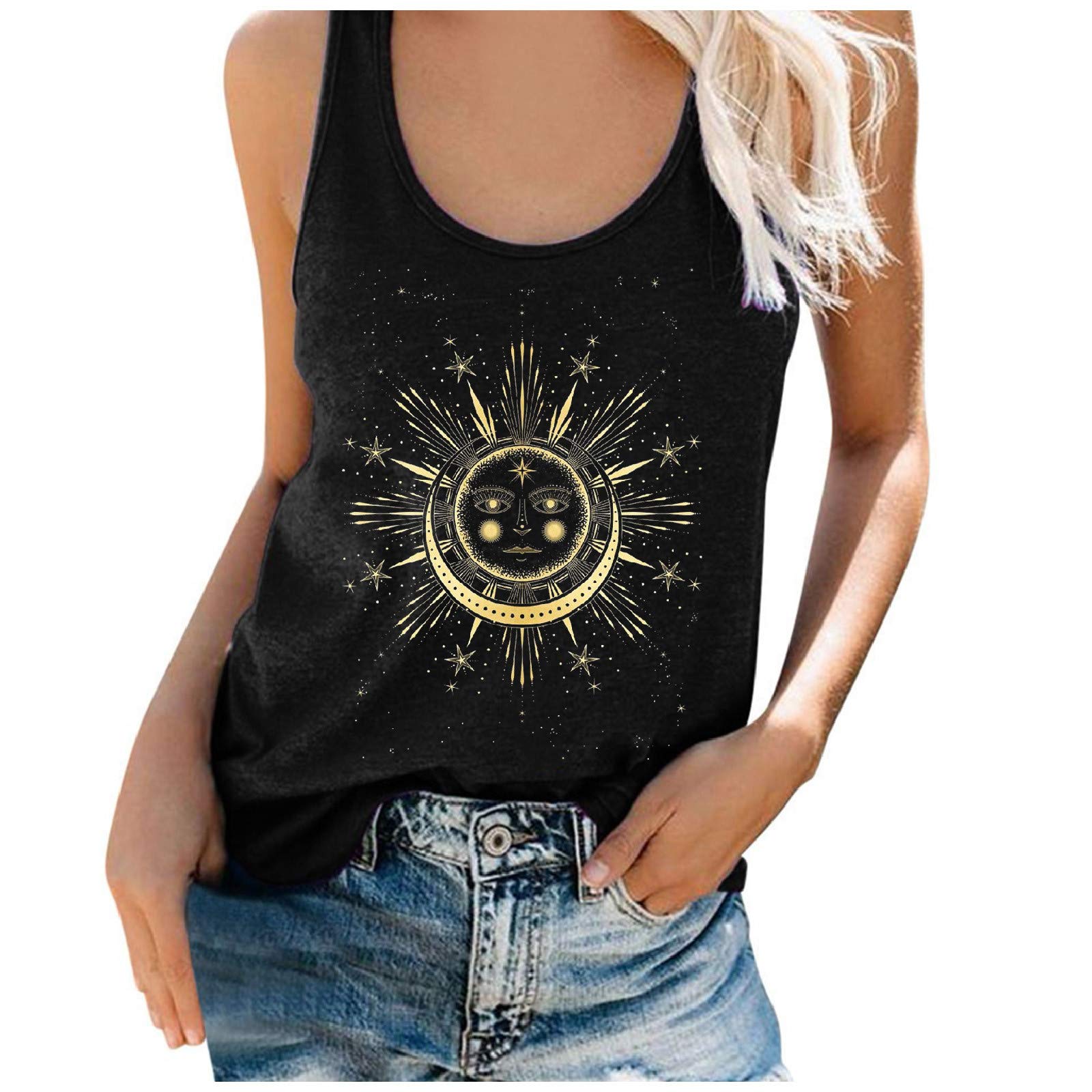 Plus Size Women's Tank Tops - Sun Moon Print Sleeveless Shirts for Beach & Summer Outings