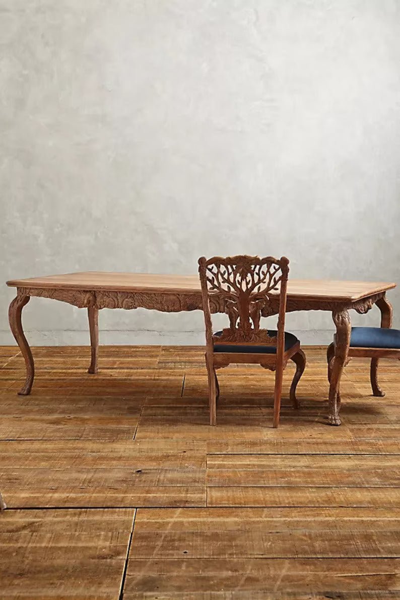 Hand Carved Brown Wooden Menagerie Dining Table Set - Rustic Farmhouse Style for Family Gatherings & Dinner Parties