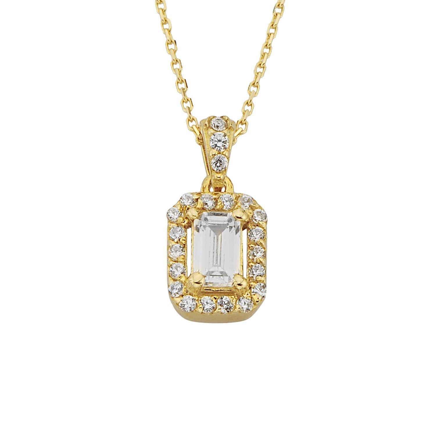 14K Real Solid Gold Baguette Halo Charm Pendant Necklace for Women - Elegant Jewelry Gift for Wife, Girlfriend, Mom - Perfect for Birthday, Anniversary & Special Occasions