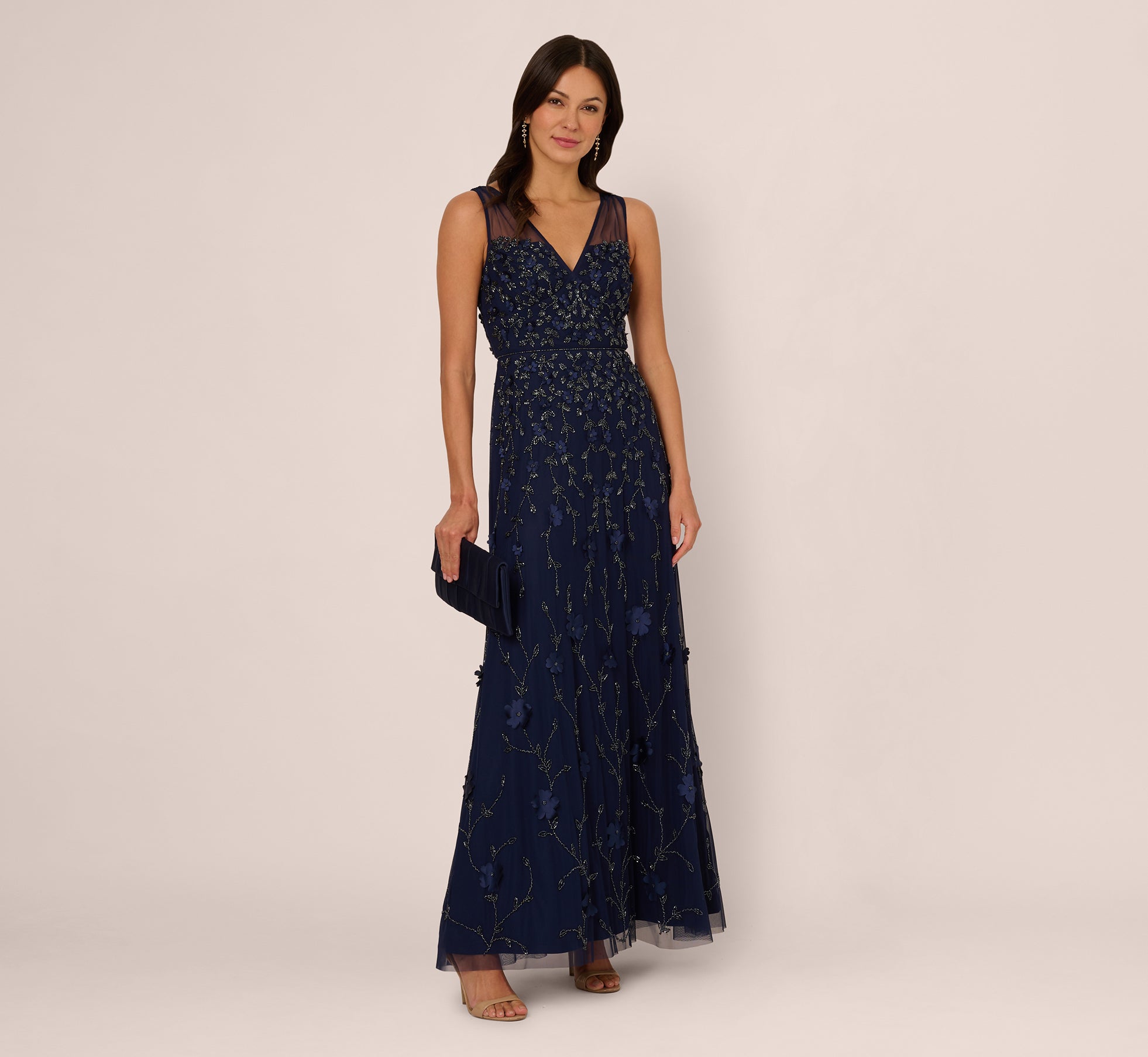 Elegant Sleeveless 3D Petal Beaded Illusion Gown in Light Navy Blue | Formal Evening Dress for Prom, Wedding, and Special Occasions