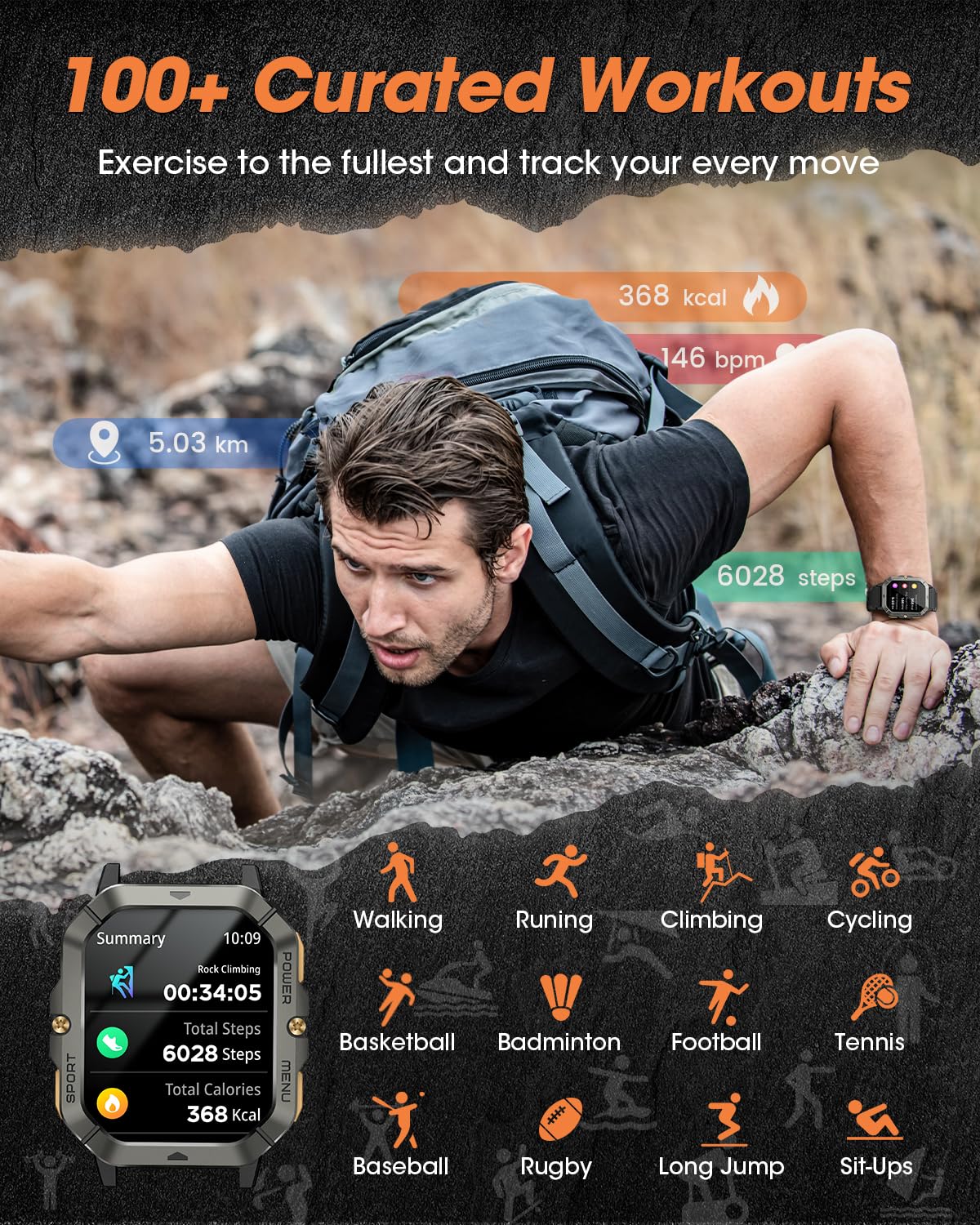 Military Smart Watch for Men - 2.02'' Fitness Tracker with Call Function, Blood Pressure, Heart Rate & Sleep Monitor, 100+ Sport Modes, Waterproof for Android & iPhone - Perfect for Outdoor Adventures, Workouts & Daily Use