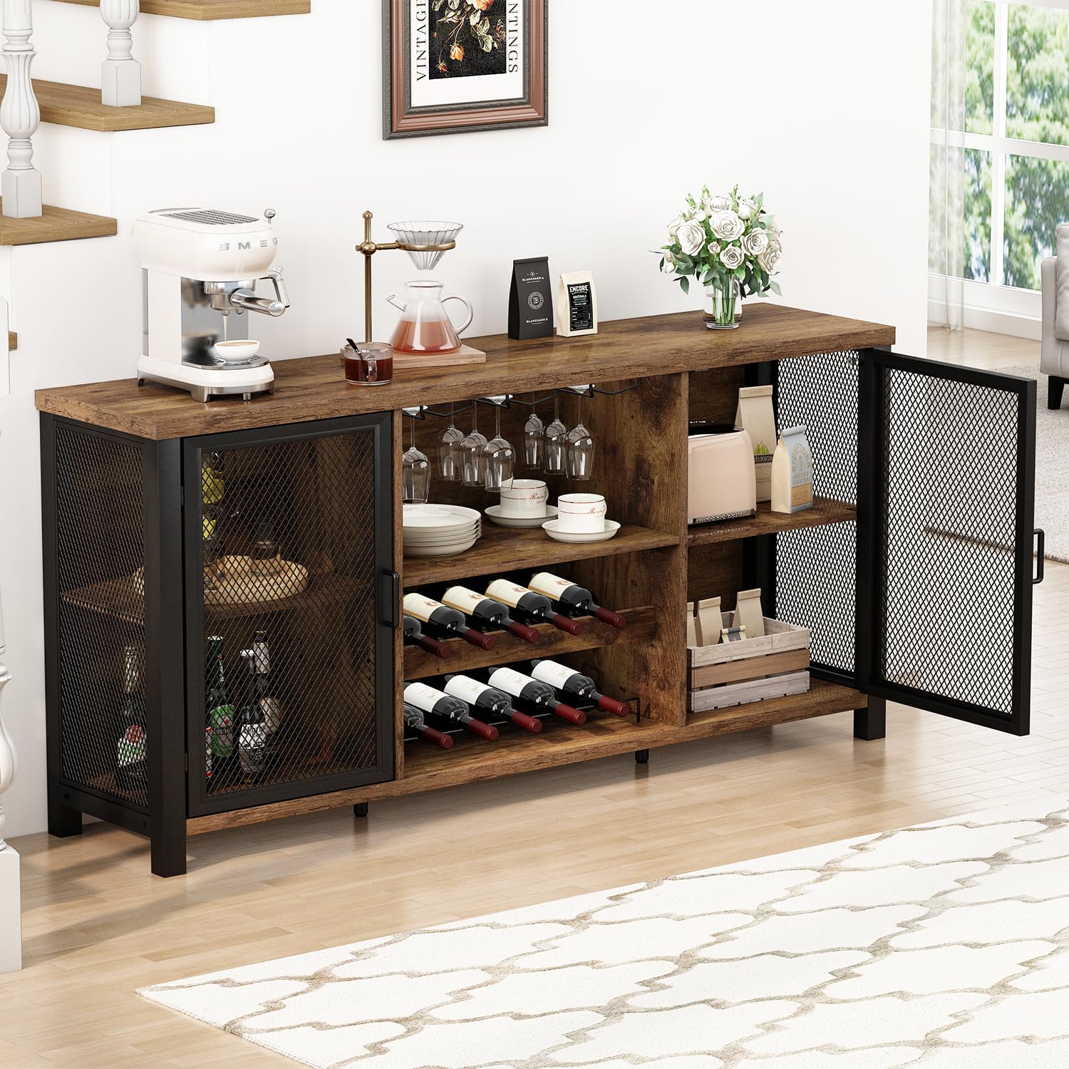 Industrial Coffee & Wine Bar Cabinet - 55 Inch Rustic Brown Wood Metal Sideboard Buffet for Liquor, Glasses & Storage | Perfect for Home Kitchen, Dining Room & Entertaining Guests