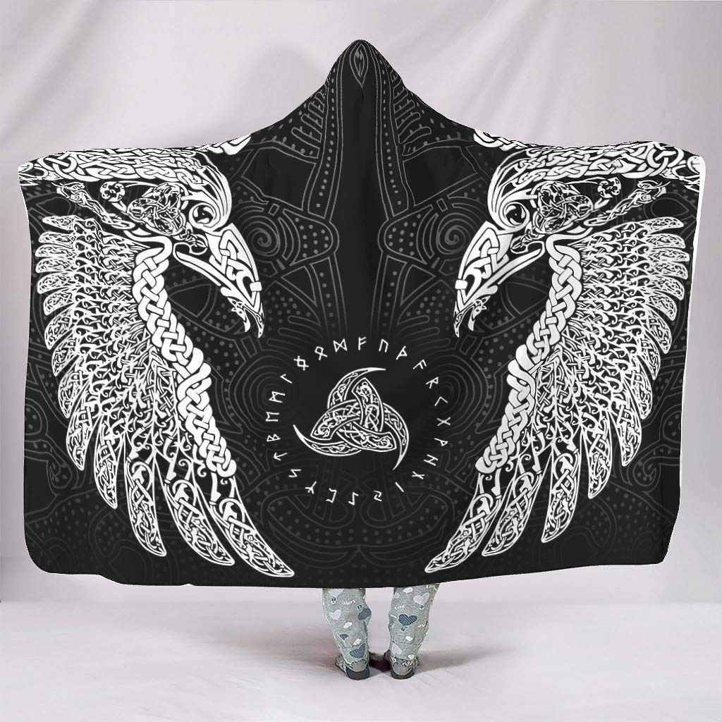 Viking Runes Raven Hooded Blanket - Ultra Soft Sherpa Fleece Wearable Blanket for Adults & Kids (50x60 inches, White) - Perfect for Cozy Nights, Camping, Movie Time and Winter Warmth