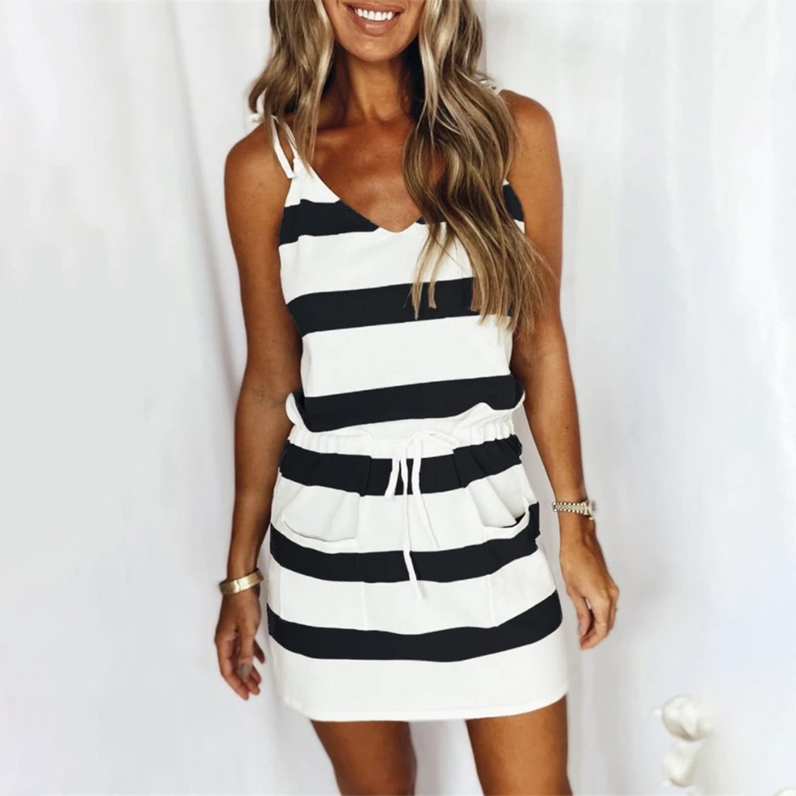 Women's Casual Cocktail Dress - Sleeveless Striped Mini Dress with Pockets for Summer, Beach & Party Wear | Perfect for Outdoor Events, Vacations & Night Out