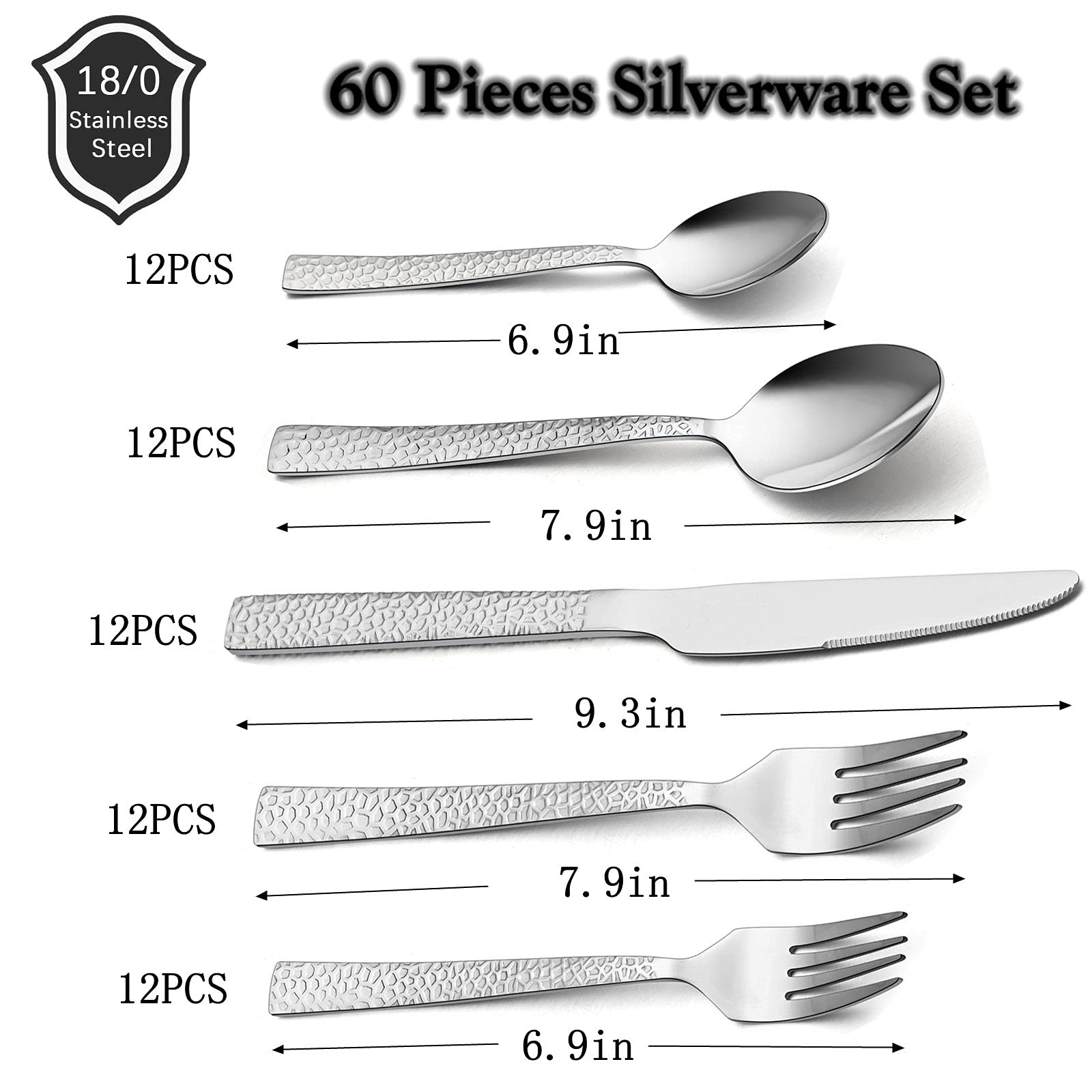 HaWare 60-Piece Hammered Stainless Steel Flatware Set for 12 - Mirror Polished Modern Cutlery for Kitchen, Restaurant & Party | Dishwasher Safe Silverware for Everyday Dining & Special Occasions