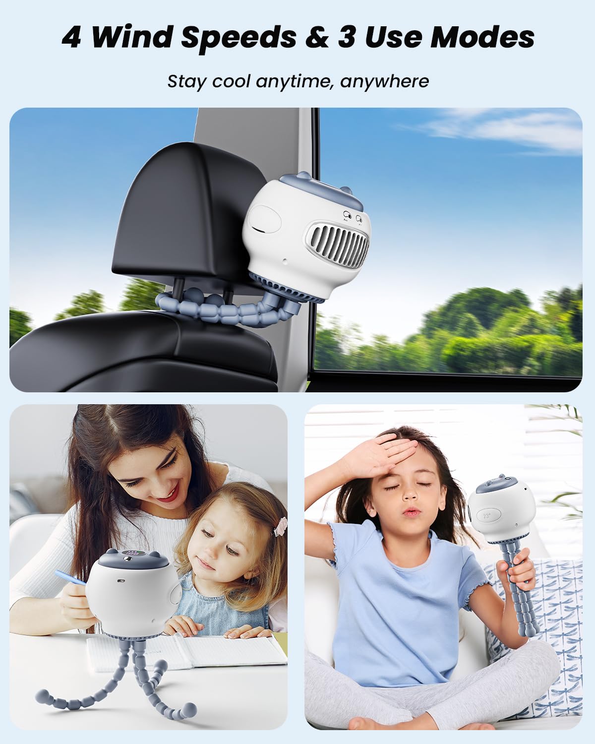 Portable Stroller Fan for Baby - 130° Auto Oscillating, 4000mAh Rechargeable Battery, Digital Display & 4 Speed Settings - Flexible Tripod Clip-On Fan for Car Seat, Crib, Stroller (White) - Perfect for Outdoor Walks, Travel & Nursery Comfort