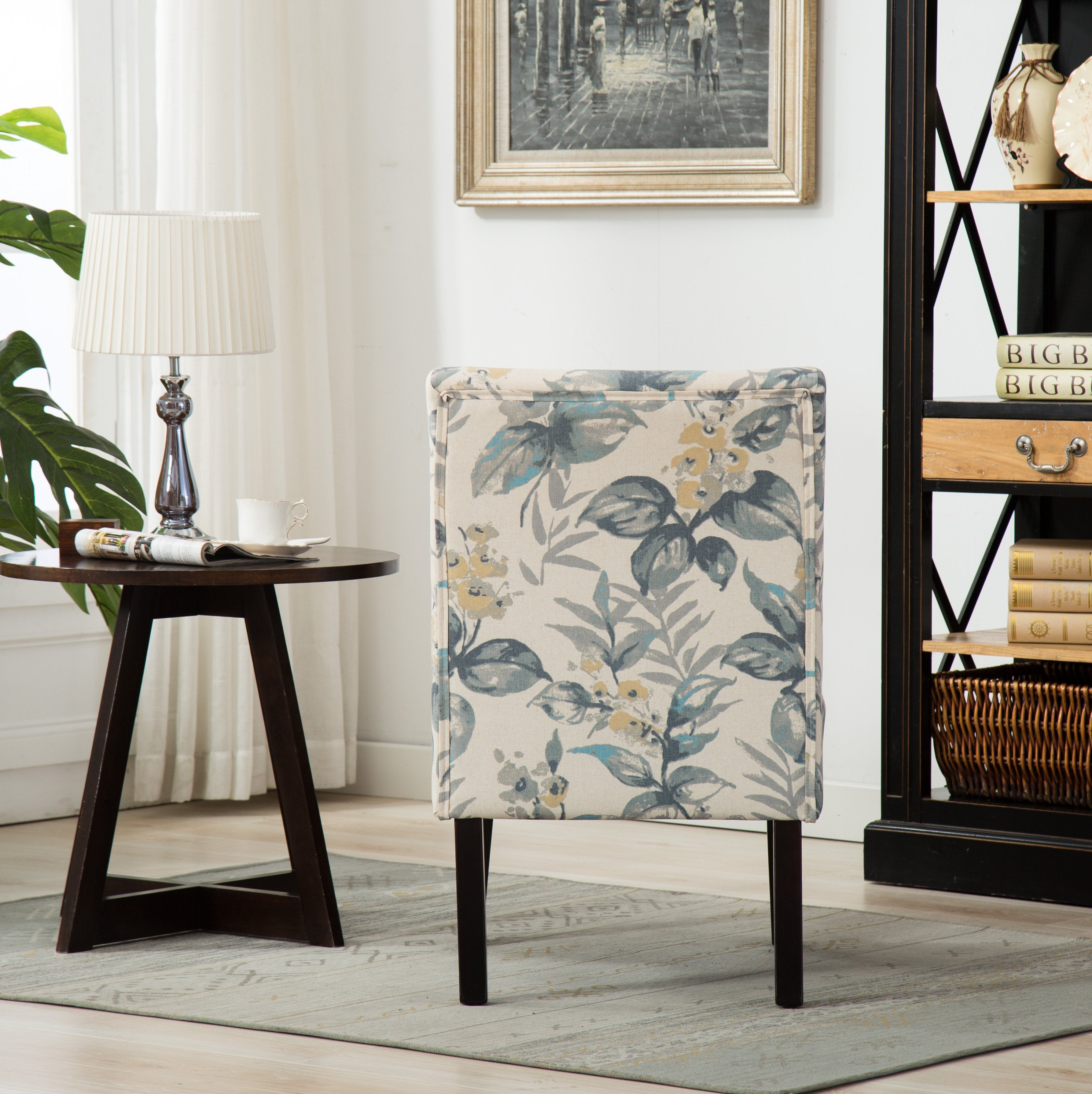 Roundhill Furniture Capa Fabric Armless Contemporary Accent Chair - Blue Leaves Design, Modern Living Room Chair for Home Office, Lounge, or Reading Nook