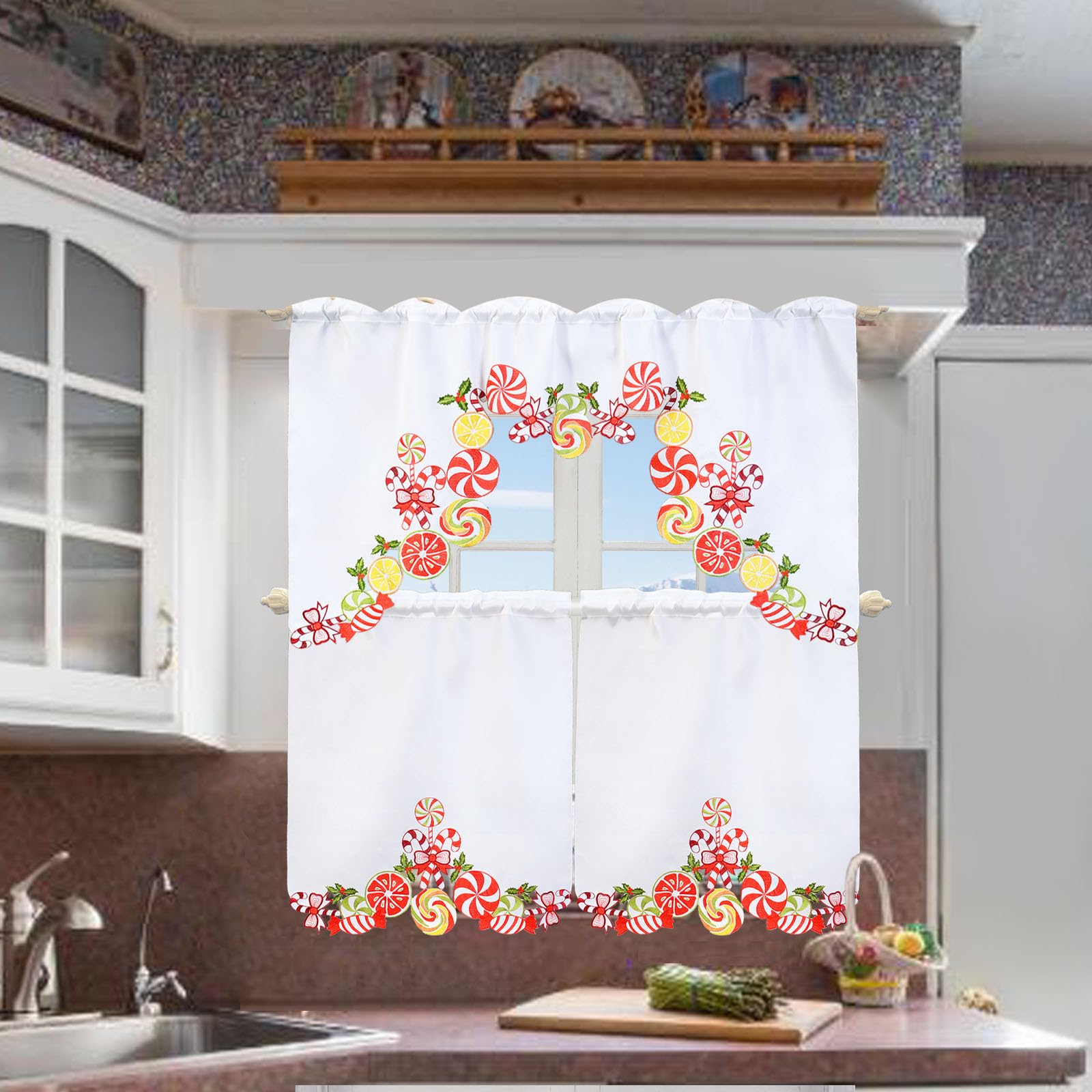 Simhomsen Embroidered Candy Cane Christmas Kitchen Window Curtain Set - Holiday Swag & Tiered Valance for Festive Home Decor - Perfect for Holiday Kitchen, Dining Room & Christmas Party Decorations