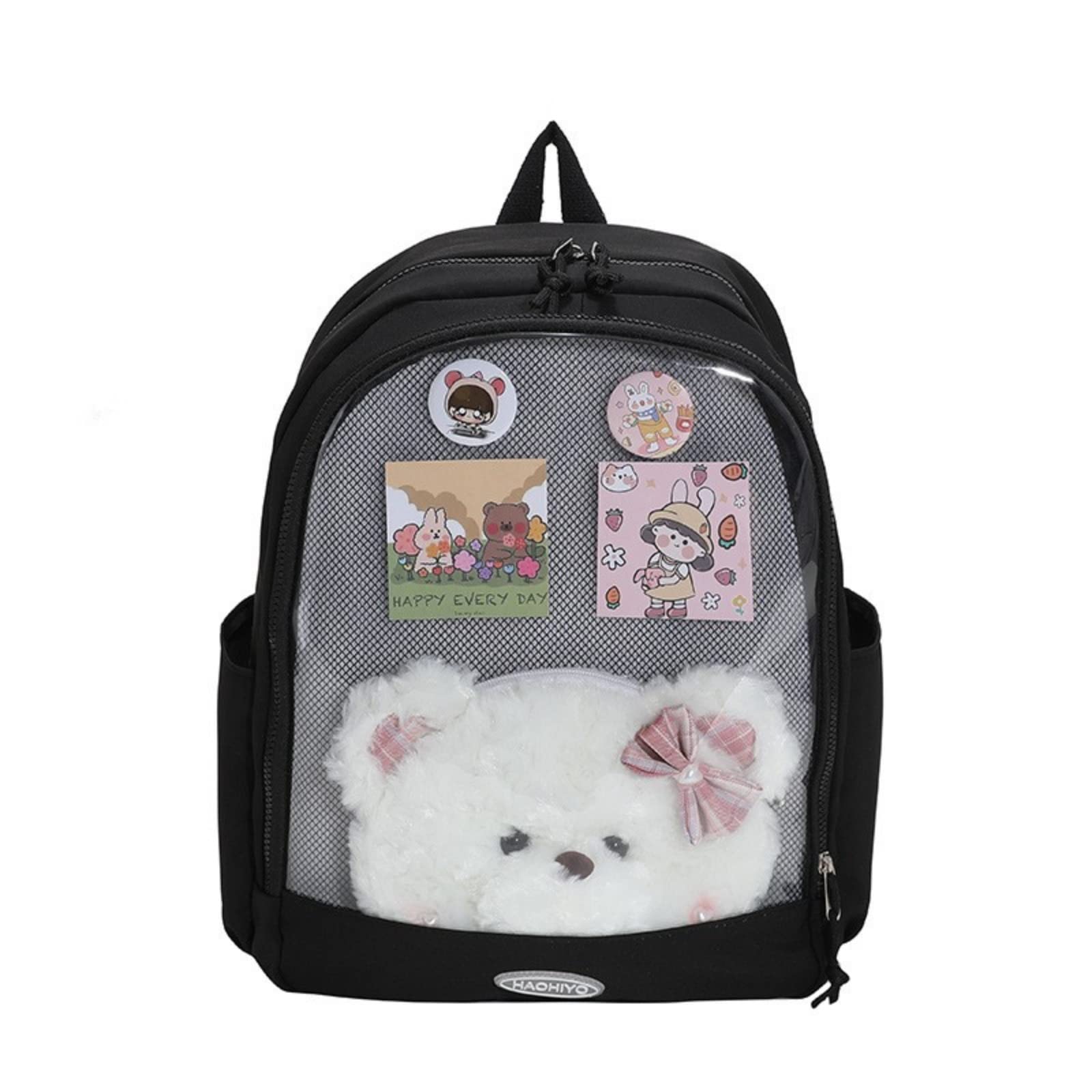 Cute Clear Front Backpack with Bear Purse - Pink Japanese School Bag for Girls & Teens | Kawaii Ita Bag, Crossbody Daypack, Satchel (Black) - Perfect for School, Travel, and Anime Conventions