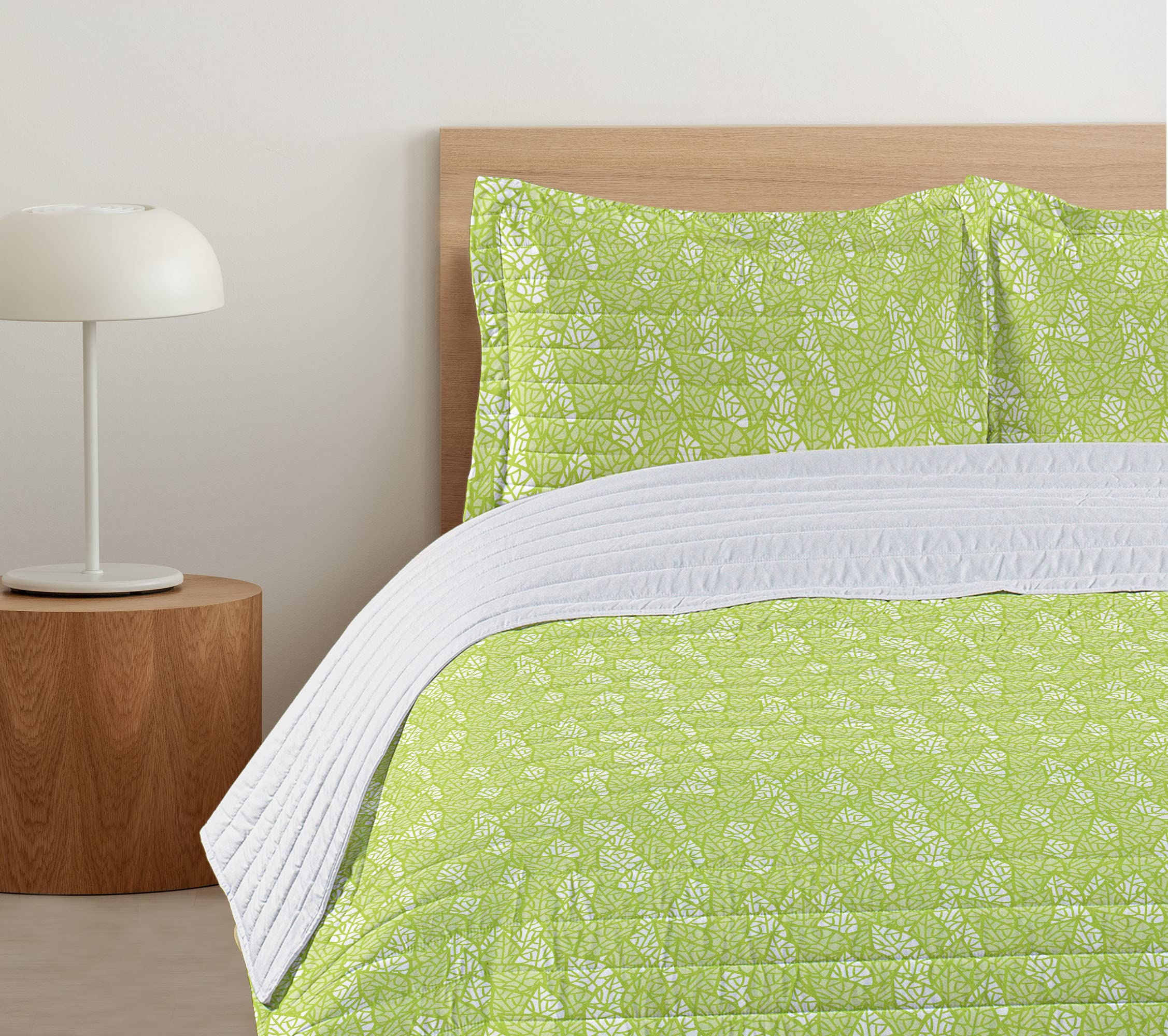 Ambesonne Queen Size Leaf Microfiber Bedspread Set - Spring Greenery Botanical Pattern with Pillow Shams & Comforter | Soft Apple Green & White Bedding for Eco-Friendly Home Decor | Perfect for Spring Refresh, Guest Rooms & Nature-Inspired Bedrooms