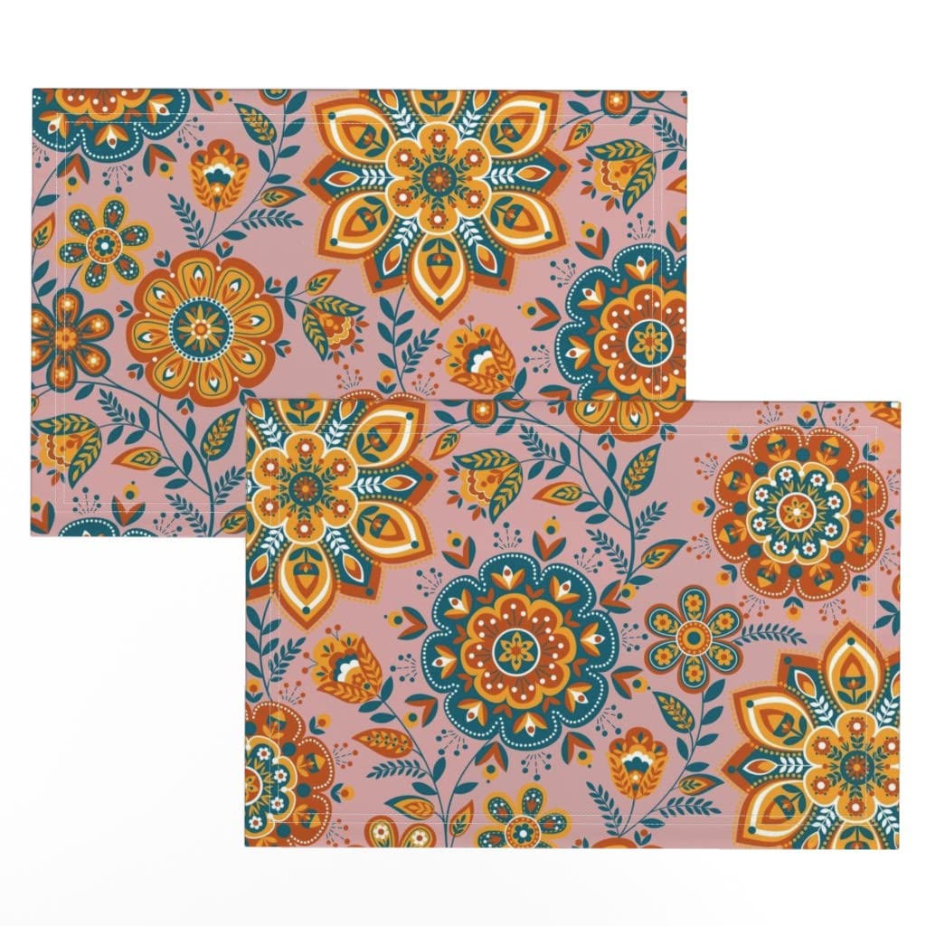 Folk Floral Mandala Printed Linen Cotton Canvas Placemats Set of 2 - Spring Color Decorative Table Mats for Dining Room, Kitchen, and Party Decor