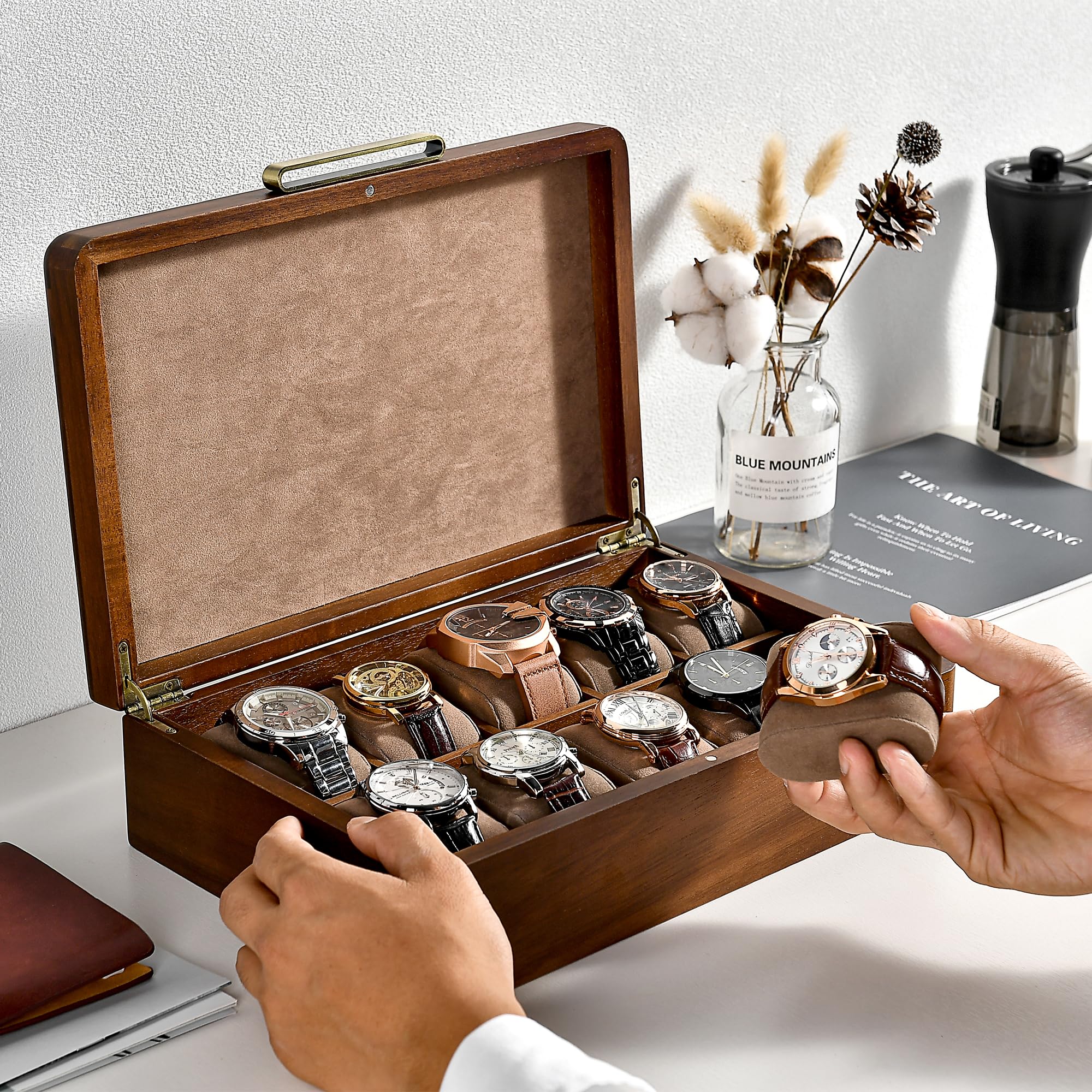 Shanik Large Wooden Watch Box for Men - 10 Slot Personalized Watch Storage Organizer with Engraving - Luxury Watch Display Case for Collectors & Gifts (Home, Office, Travel)