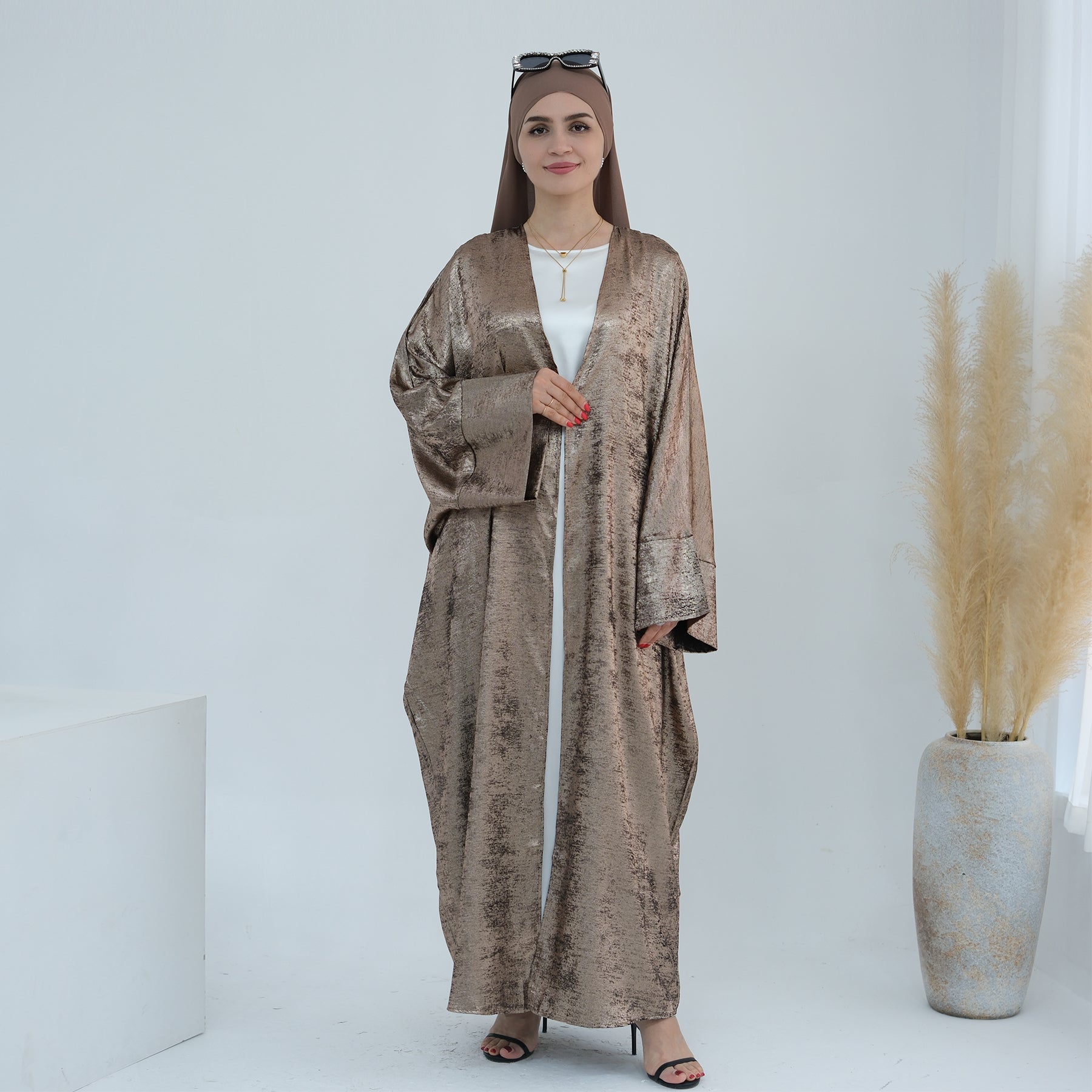 Draya Shimmer Kimono Open Abaya - Elegant Brown Islamic Robe for Women | Perfect for Prayer, Eid, and Special Occasions