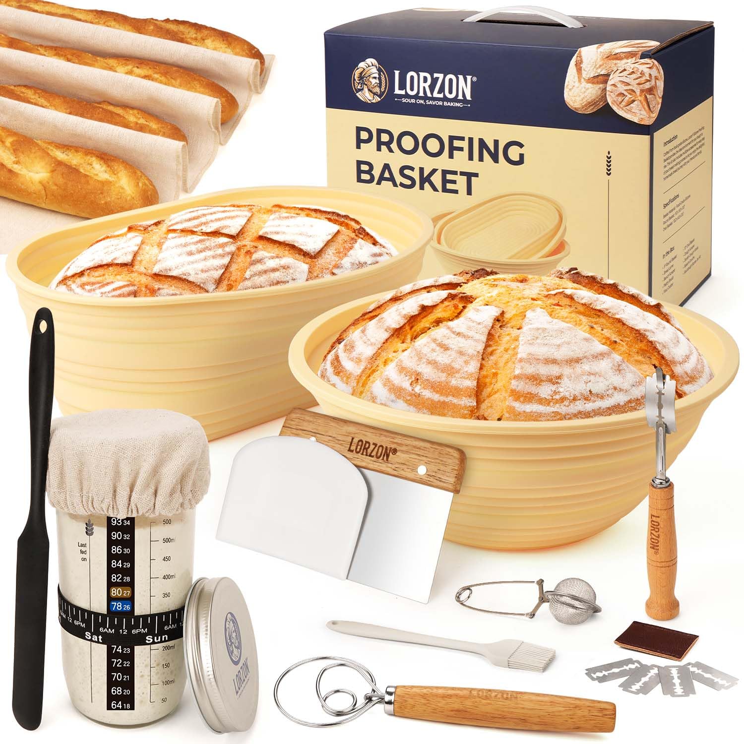 Silicone Proofing Baskets with Sourdough Starter Jar Kit - 9 Inch Round & 10 Inch Oval Foldable Banneton Bread Proofing Baskets - Professional Sourdough Bread Baking Supplies for Home Bakers | Perfect for Artisan Bread, Homemade Sourdough, and Baking Enthusiasts