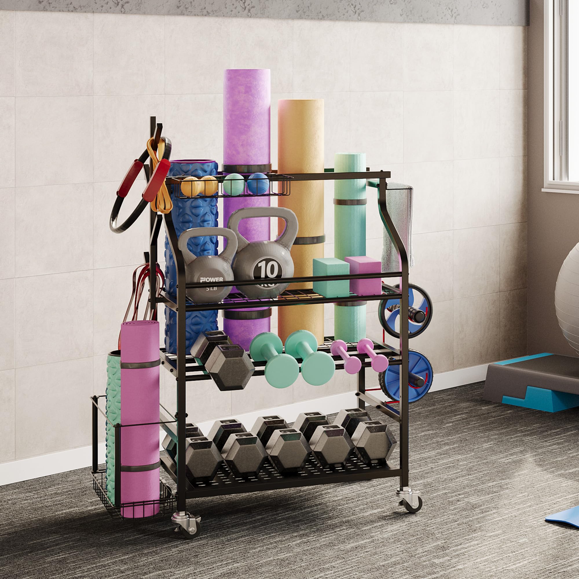 Heavy Duty Dumbbell Rack with Wheels - Adjustable Weight Stand for Kettlebell Storage, Home Gym Organizer for Yoga Mat, Foam Roller, Resistance Bands & Workout Accessories - Perfect for Garage Gym Storage and Workout Space Organization