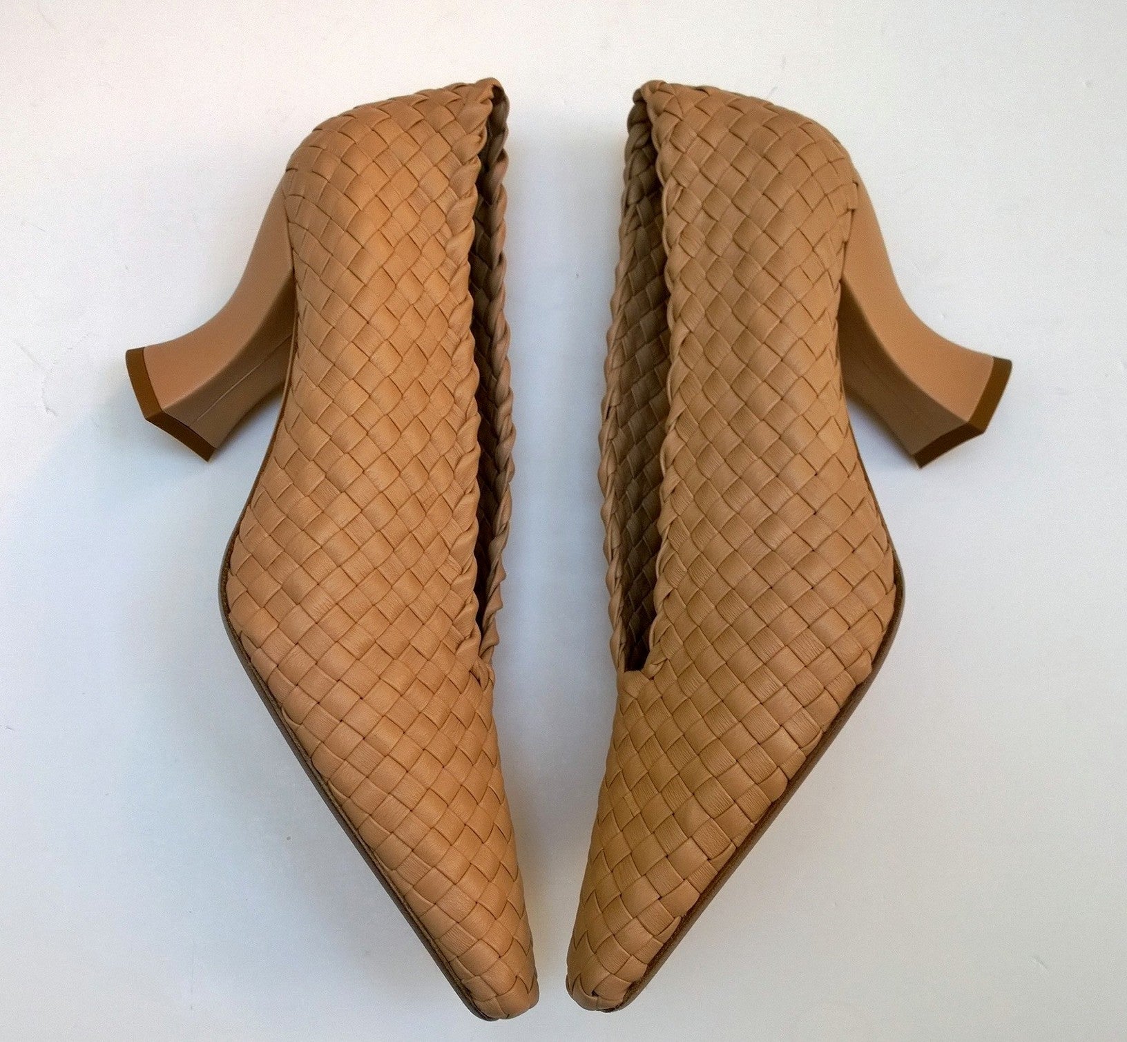Bottega Veneta Almond Intrecciato Block Heels - Woven Leather Beige Women's Shoes for Office, Party & Special Occasions