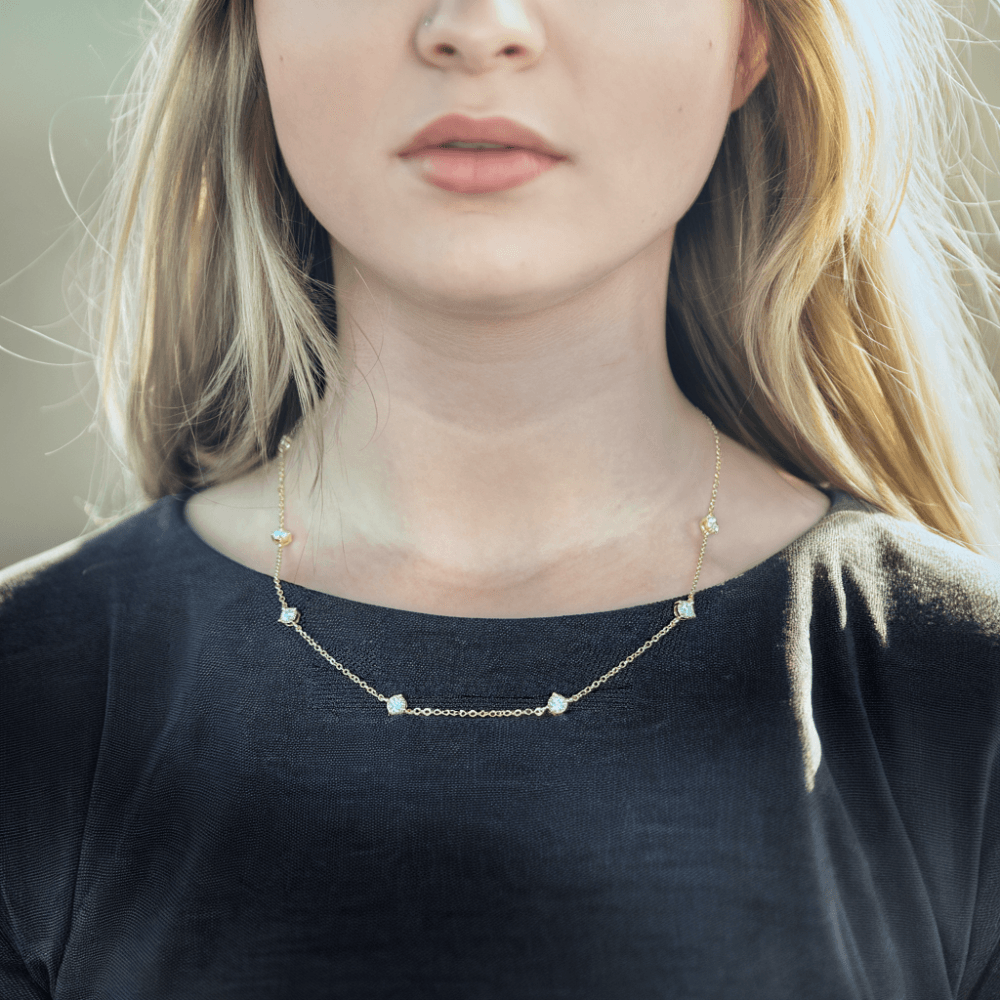 Shining Premium Moissanite Bezel Strand Necklace - 14K Gold Plated Elegant Jewelry for Women, Perfect for Weddings, Anniversaries & Special Occasions