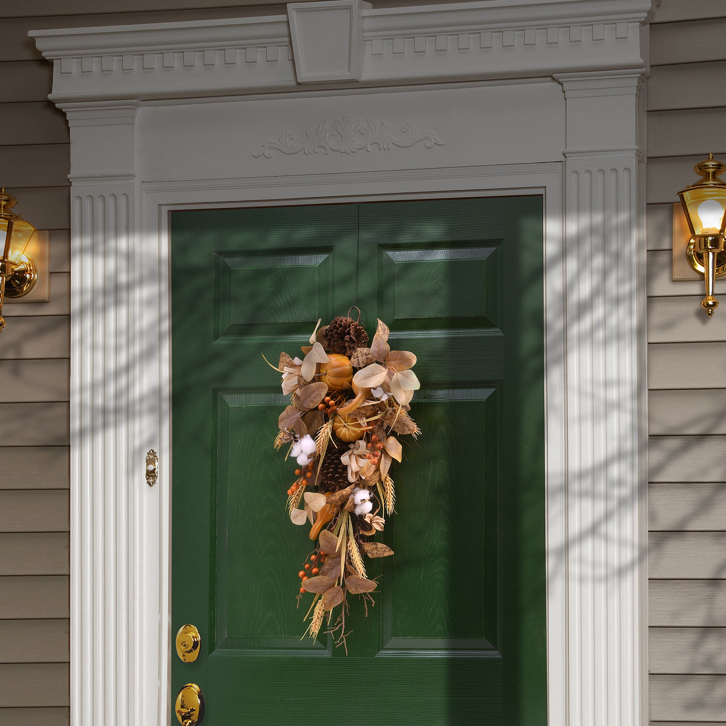 30 in. Fall Teardrop Wreath with Pine Cones, Berry Clusters, Pumpkins & Assorted Leaves - Autumn Front Door Decor, Thanksgiving Home Decoration, Seasonal Harvest Display