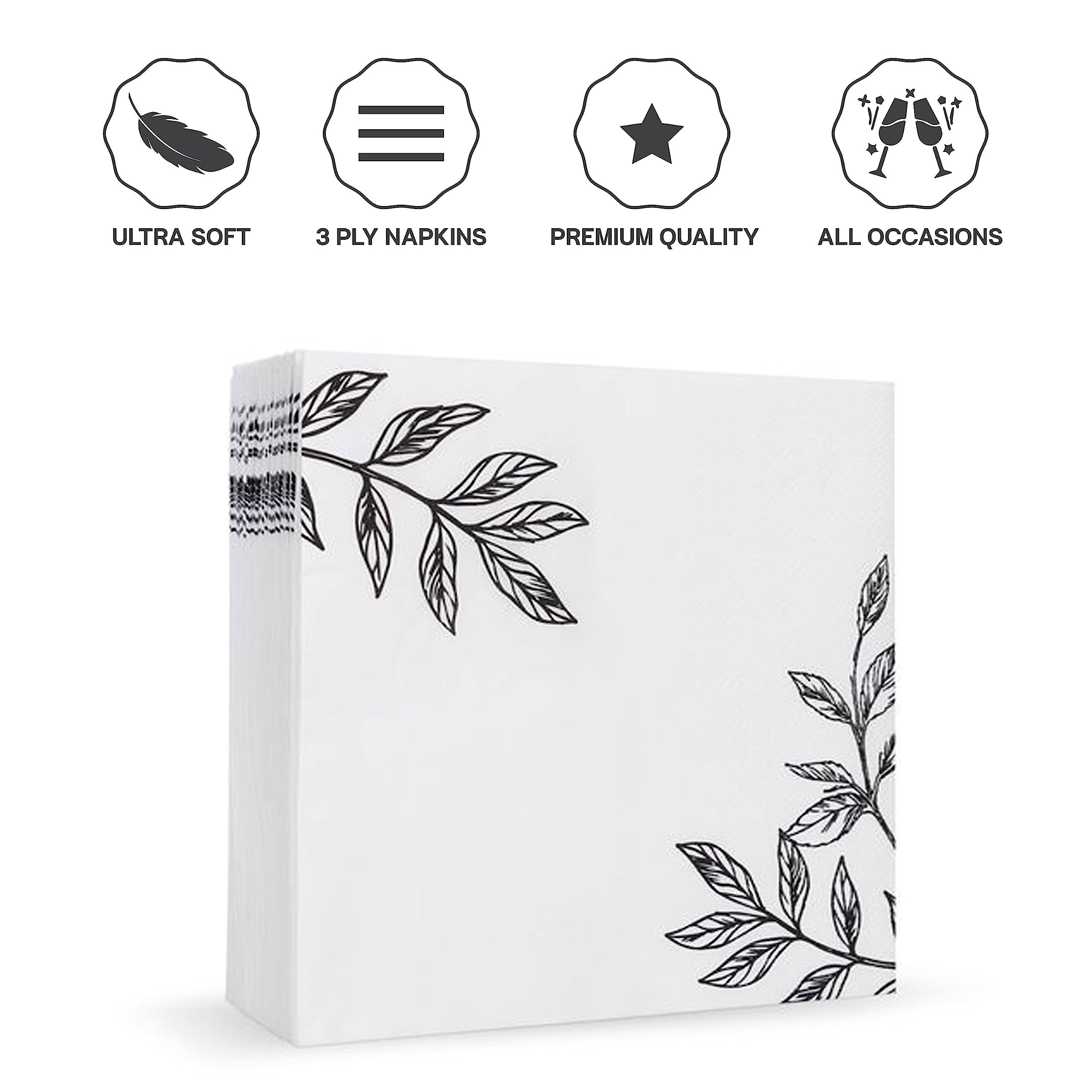Premium 3-Ply Black & White Floral Cocktail Napkins - 6.5