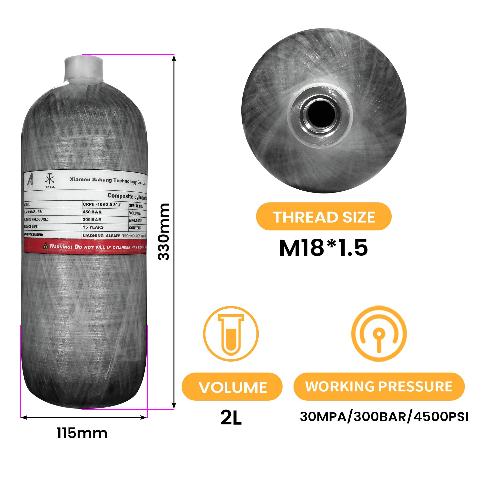 TUXING 4500Psi Carbon Fiber Scuba Tank - 2L/122Cu in 2000CC Composite Air Cylinder for Scuba Diving, Paintball, Firefighting & Emergency Oxygen Supply
