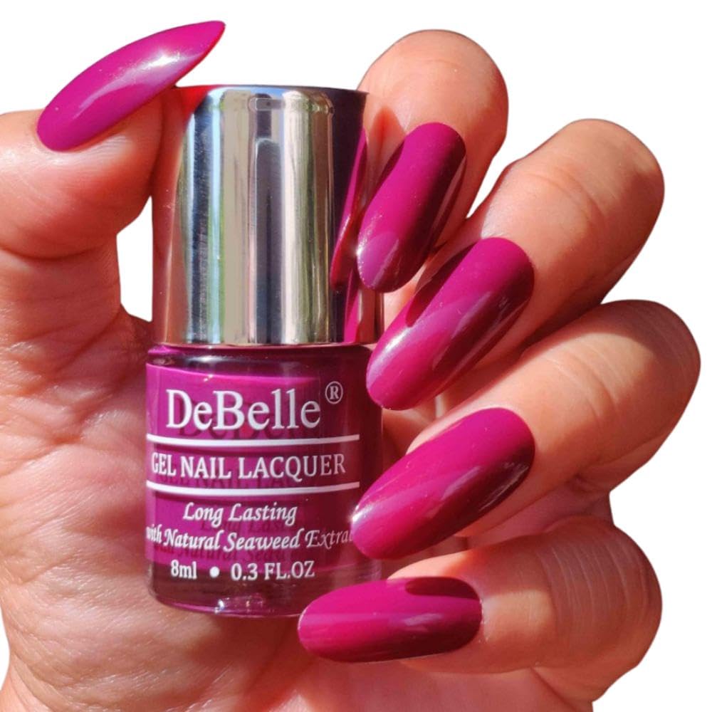 DeBelle Gel Nail Polish - Camellia Berry Dark Pink Long Lasting Nail Lacquer | Seaweed Enriched, Chip Resistant Formula | No UV Light Needed | 8ml Bottle | Perfect for Salon Quality Manicures at Home or Professional Nail Art