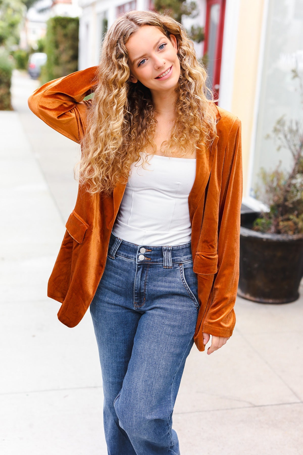 Stylish Rust Velvet Blazer with Lapel - Elegant Holiday Party Outfit for Women | Perfect for Christmas, Weddings & Special Occasions
