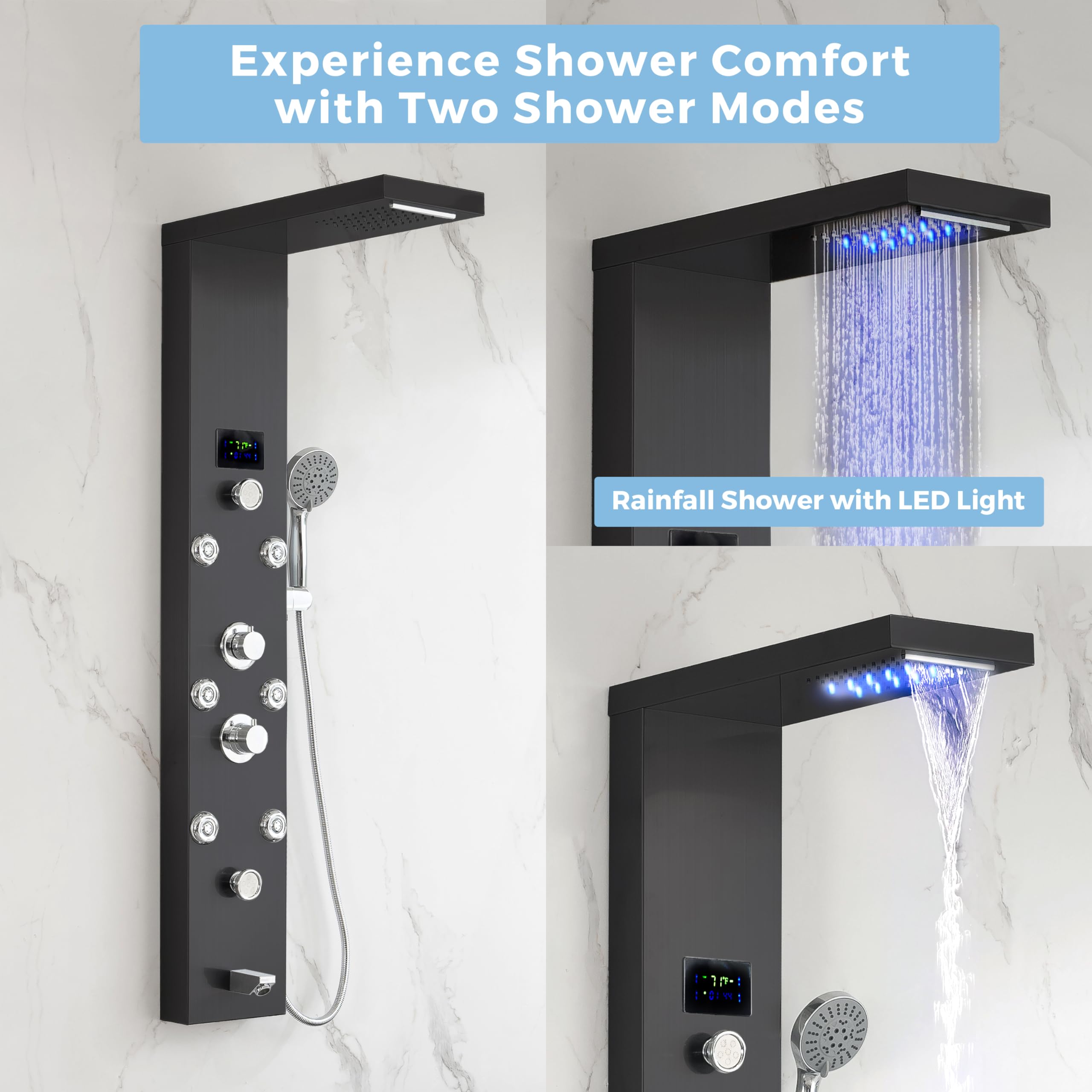 DELAVIN LED Shower Panel - Stainless Steel Shower Tower System with Temperature Display | 5-Function Rainfall, Waterfall, Massage Body Jets, Tub Spout & Handheld Showerhead | Brushed Black Finish for Modern Bathroom Luxury & Spa Experience