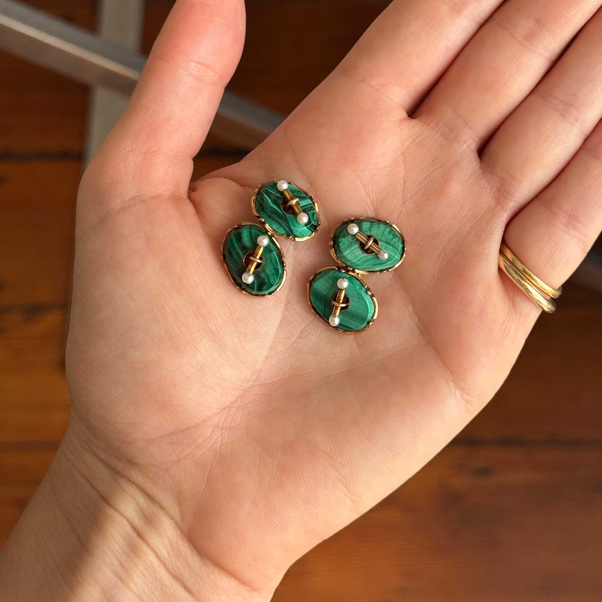 Victorian Style Malachite & Seed Pearl 14K Gold Oval Cufflinks for Men - Elegant Dress Accessories for Weddings, Formal Events & Business Occasions