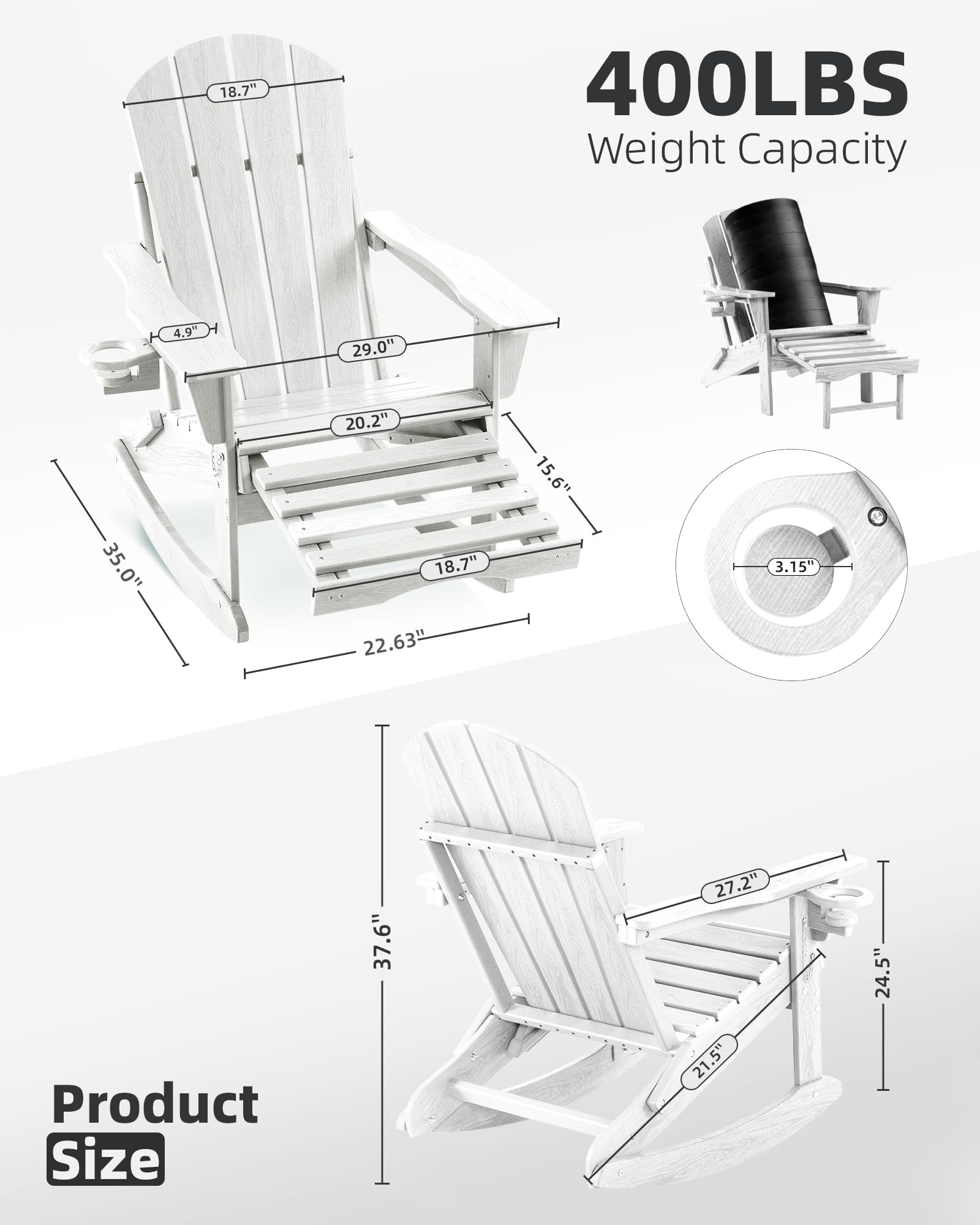 4-in-1 Folding Adirondack Rocking Chair with Retractable Ottoman - Wood Texture Outdoor Patio Chair for Porch, Backyard, Pool & Garden - Comfortable Lawn Furniture for Relaxing, Sunbathing & Outdoor Lounging (White)