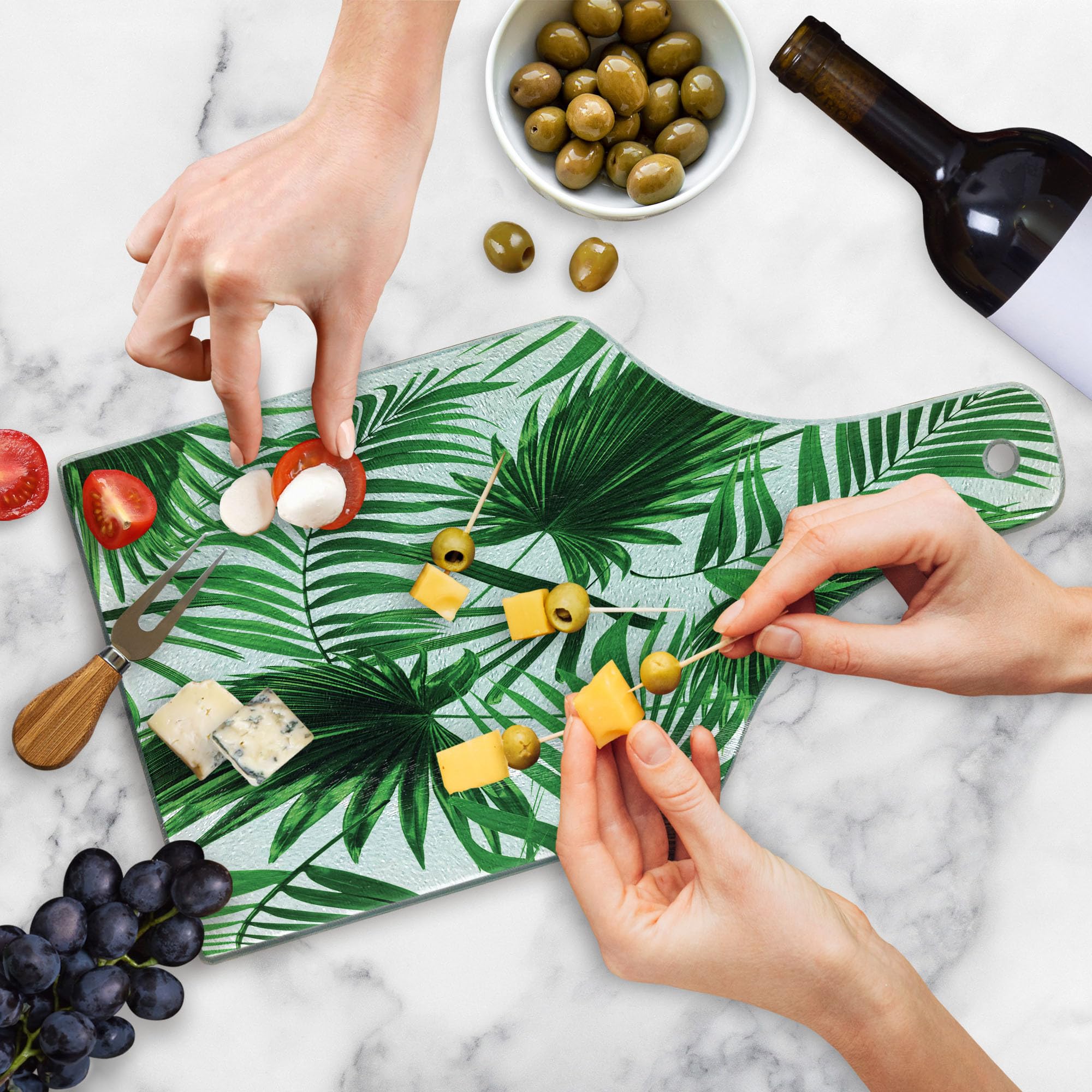 Ambesonne Palm Leaf Tempered Glass Cutting Board - Realistic Botanical Print, Decorative Serving Board with Wine Bottle Shape in Fern Green & White - Perfect for Kitchen Prep, Charcuterie, and Wine Pairing Displays