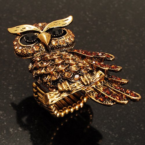 Elegant Vintage Gold Owl Stretch Ring with Diamante - Perfect for Boho Fashion, Gift Giving & Everyday Wear