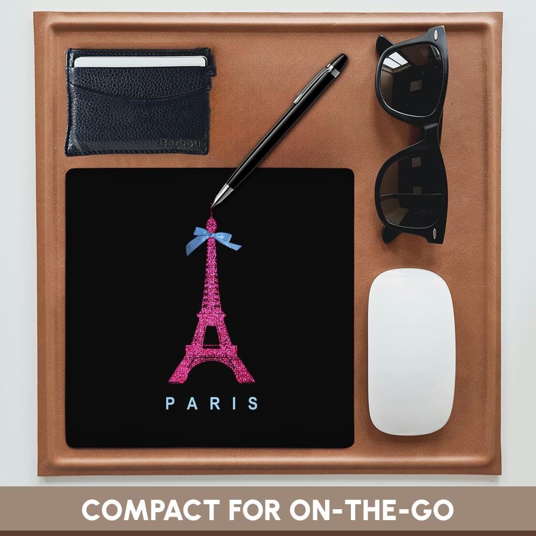 3D Rose Paris Eiffel Tower Mouse Pad - 8x8 Inches Hot Pink with Blue Ribbon Bow, Non-Slip Gaming & Office Desk Mat for Computer Laptop - Stylish Modern France Themed Gift for Women & Girls