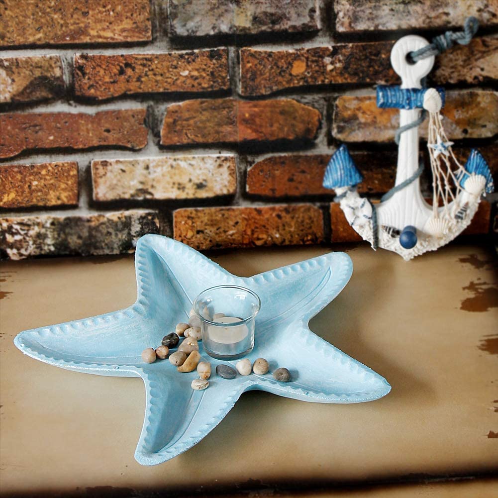 Rustic Resin Starfish Candle Holder & Tray Set - 13.7 Inch Light Blue Coastal Tea Light Holder, Sea Star Centerpiece for Beach Wedding Decor, Bathroom Vanity, or Dining Table Decor