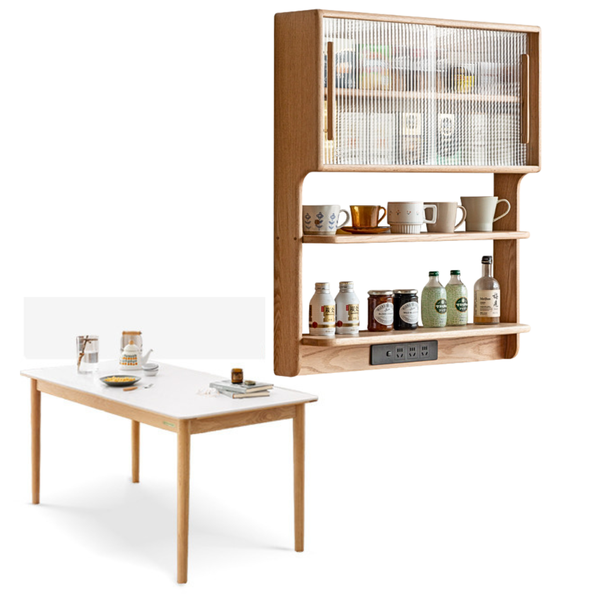 30.7х6.7х35.8 inch / 78х17х91 cm / Natural wood color/Oak  Hanging cabinet+ 55.1х31.5х29.9 inch/ 140х80х76 cm rock board dining table