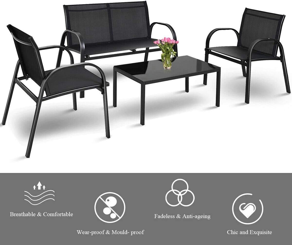 HAPPYGRILL 4-Piece Outdoor Patio Furniture Set - Garden Table & Chairs with Tempered Glass Coffee Table for Poolside, Lawn, Backyard & Patio Relaxation