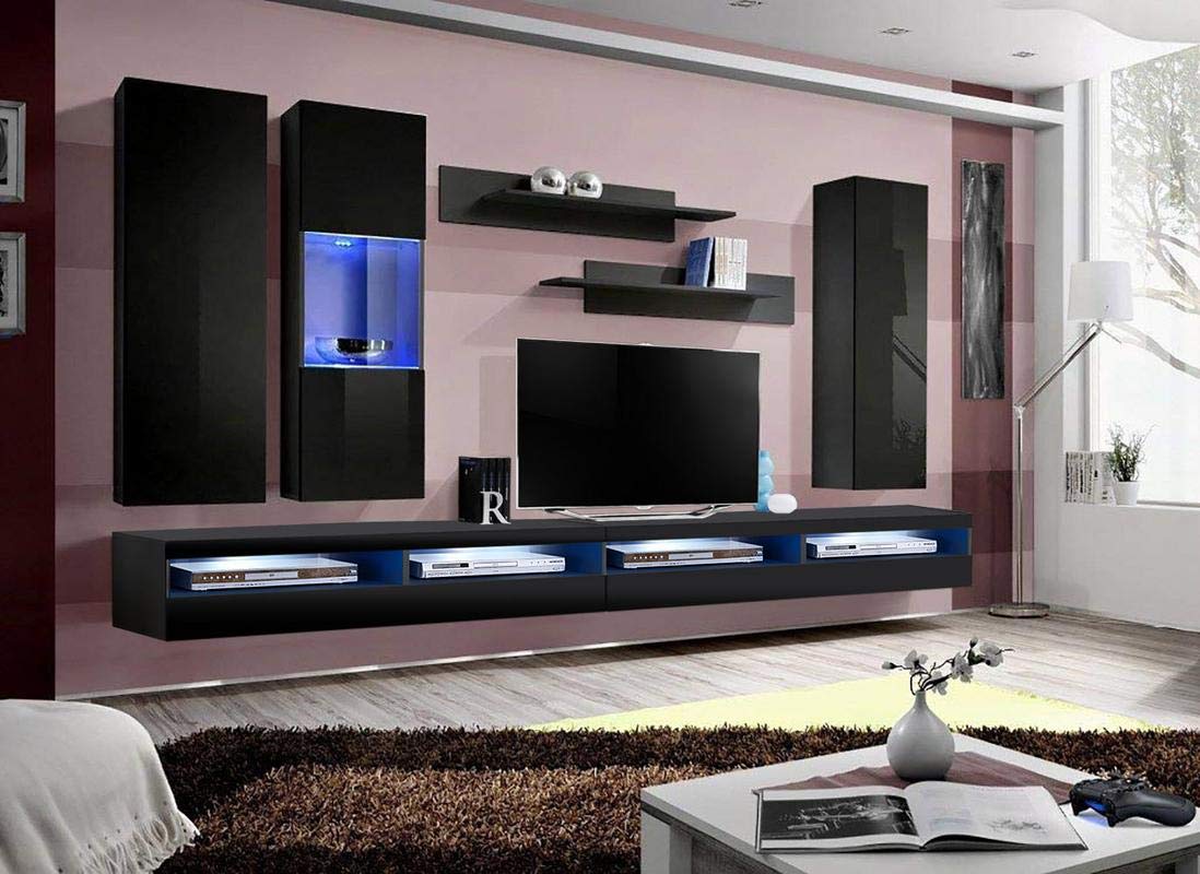 Modern Black Wall-Mounted TV Stand with Storage Shelves & LED Lights - 35