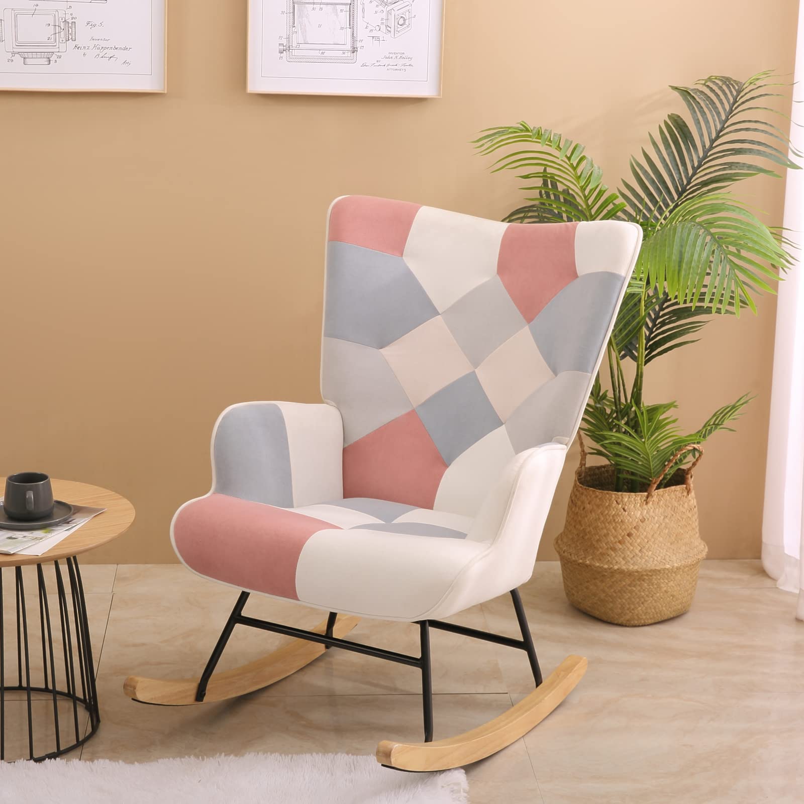 HomVent Upholstered Rocking Chair - Mid Century Modern Fabric Comfortable Nursery Rocker with Tall Back & Wood Base - Accent Armchair for Adults & Kids - Perfect for Living Room, Bedroom, Nursery & Relaxation Spaces