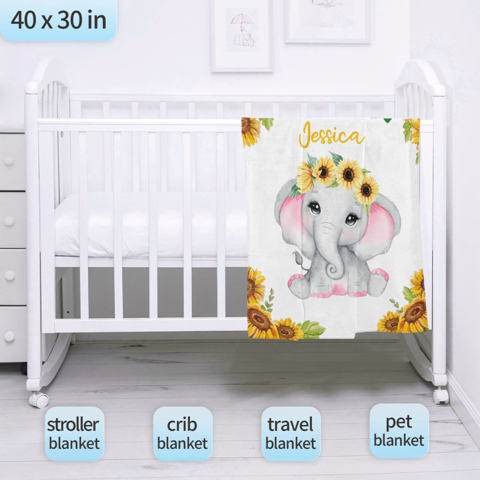 Personalized Baby Blanket with Name - Sunflower Elephant Design Fleece Flannel Blanket for Girls & Boys | Custom Baby Shower Gift, Birthday Present for Daughter & Granddaughter | Extra Large 120x90 Inch | Perfect for Nursery, Family Photos & Cozy Moments