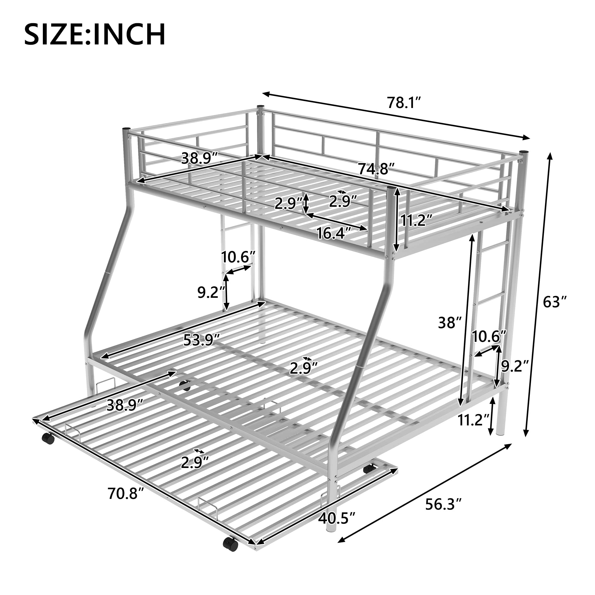 Twin Over Full Metal Bunk Bed with Trundle - Sturdy Space-Saving Bunk Bed for Kids, Teens & Adults - No Box Spring Required - Perfect for Small Bedrooms, Guest Rooms & Vacation Homes