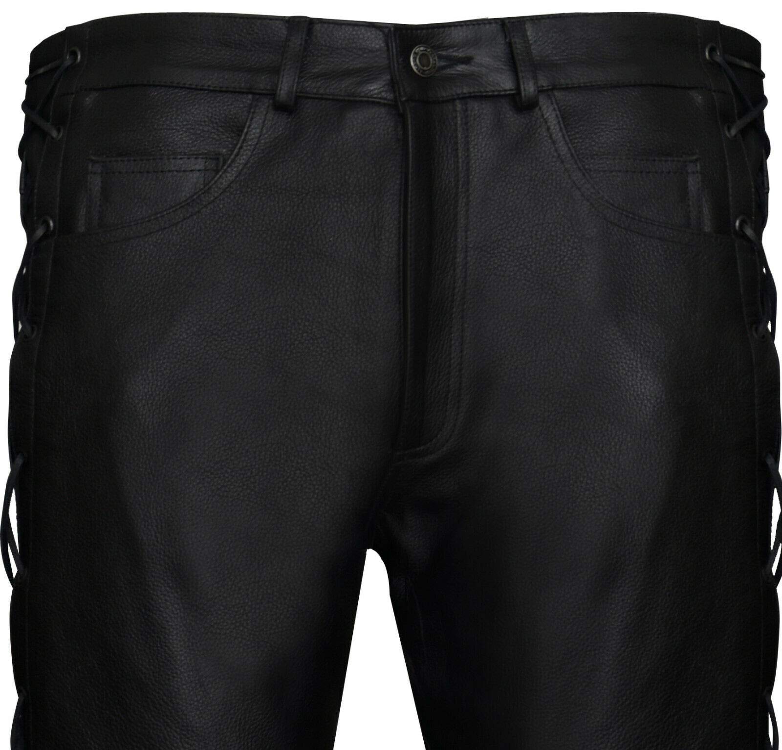 Men's Classic Black Cowhide Leather Motorcycle Pants - Biker Jeans with Lace-Up Detail for Riding & Casual Wear