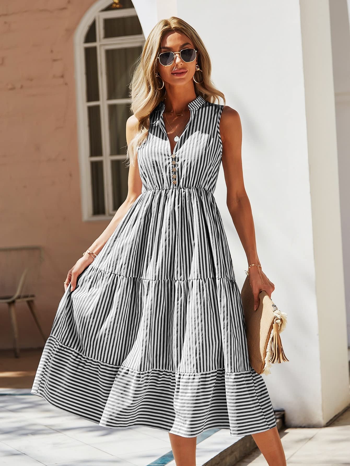 Women's Summer Sleeveless Striped A-Line Midi Dress - Notched Neck Casual Beach Dress (Multicolor, Size S) | Perfect for Beach Vacations, Summer Parties & Casual Outings