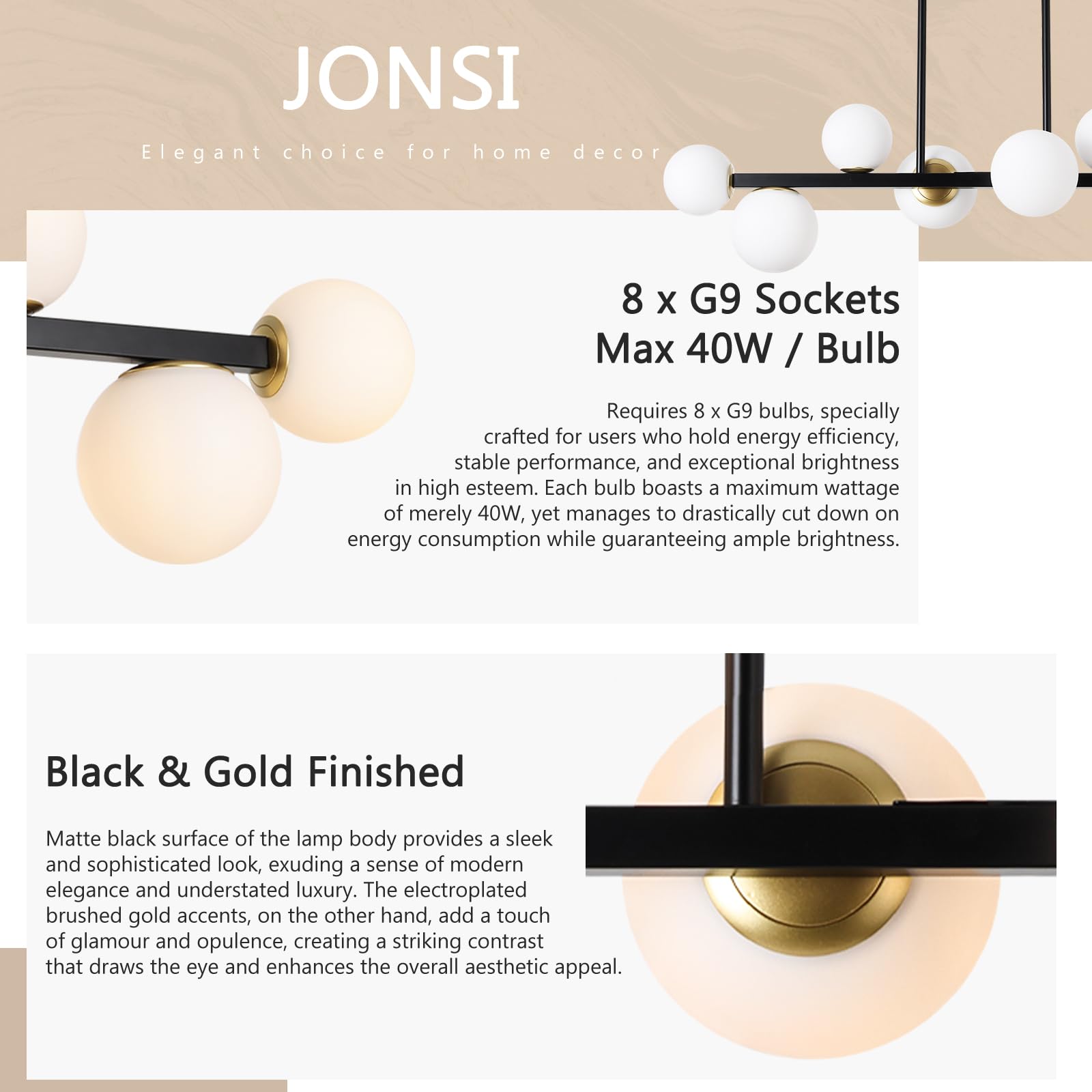 Jonsi Mid Century Modern 8-Light Globe Glass Linear Chandelier - Adjustable Black and Gold Ceiling Hanging Fixture for Dining Room, Kitchen Island, and Living Room Lighting
