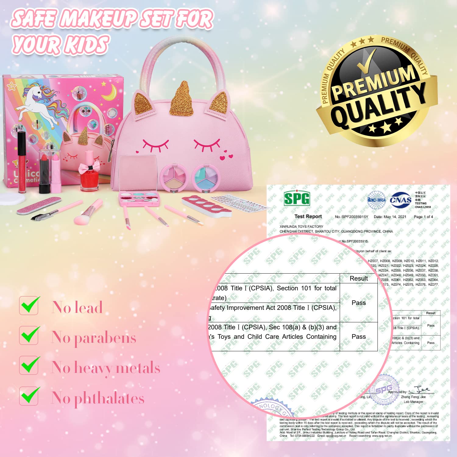 TOY Life Kids Real Make Up Kit for Girls - Washable & Non-Toxic Cosmetic Set with Pink Unicorn Bag - Pretend Play Dress Up Toys for Toddlers Ages 3-12 - Perfect for Birthday Gifts, Role Play & Dress Up Parties