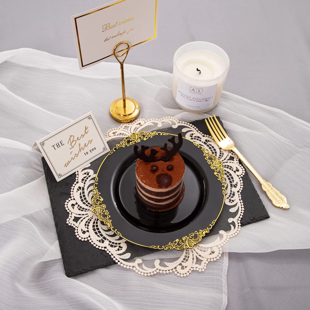 Nervure 200-Piece Black and Gold Plastic Dinnerware Set - 100 Black Gold Plates & 100 Gold Silverware (Forks, Knives, Spoons) - Elegant Disposable Tableware for Parties, Weddings, and Events