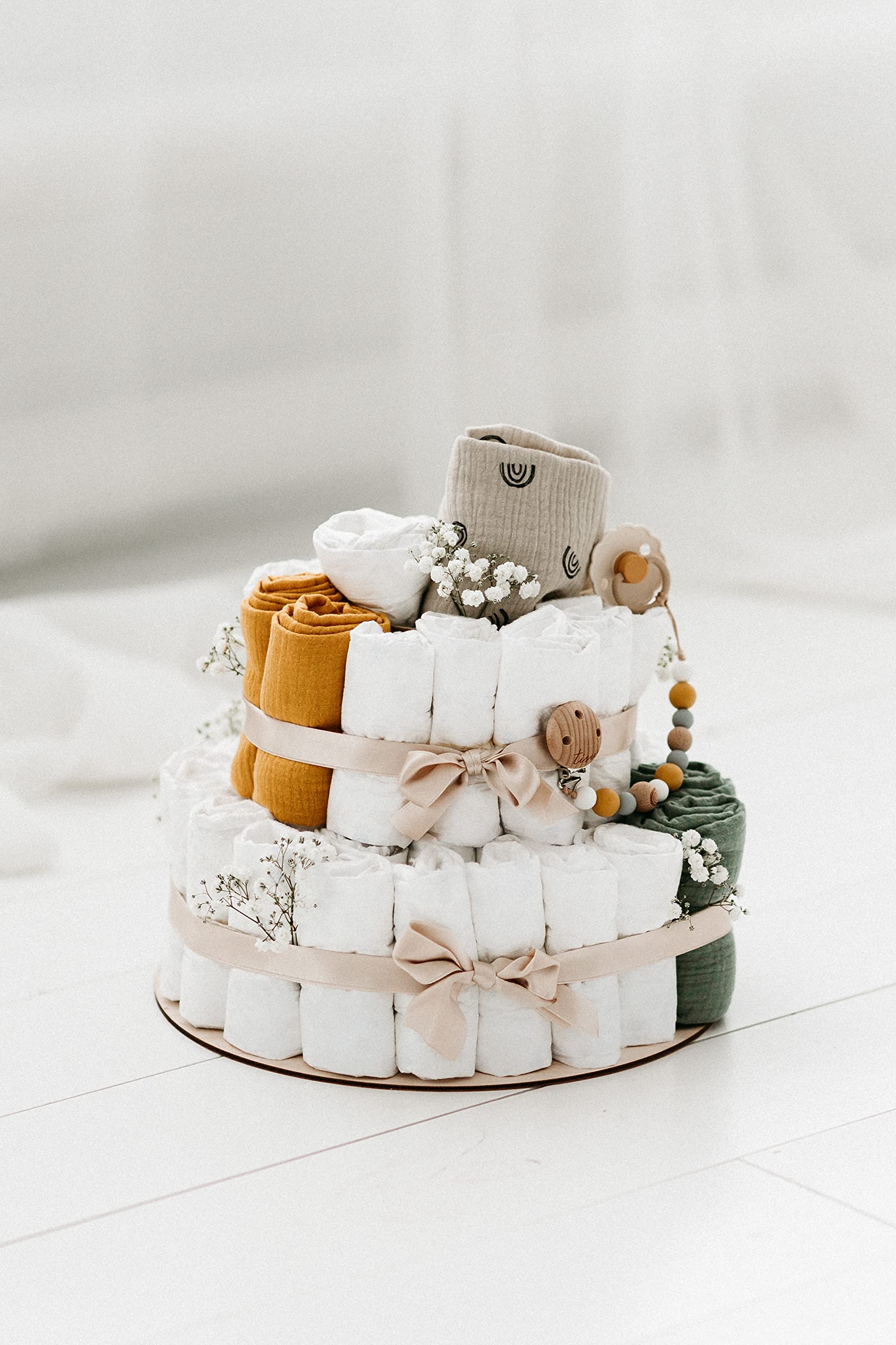 Organic Neutral Modern Diaper Cake for Baby Shower - Gender Neutral Beige Tulle Design by TISU | Perfect Baby Registry Gift for Boys & Girls | Newborn Welcome Gift & Nursery Decor