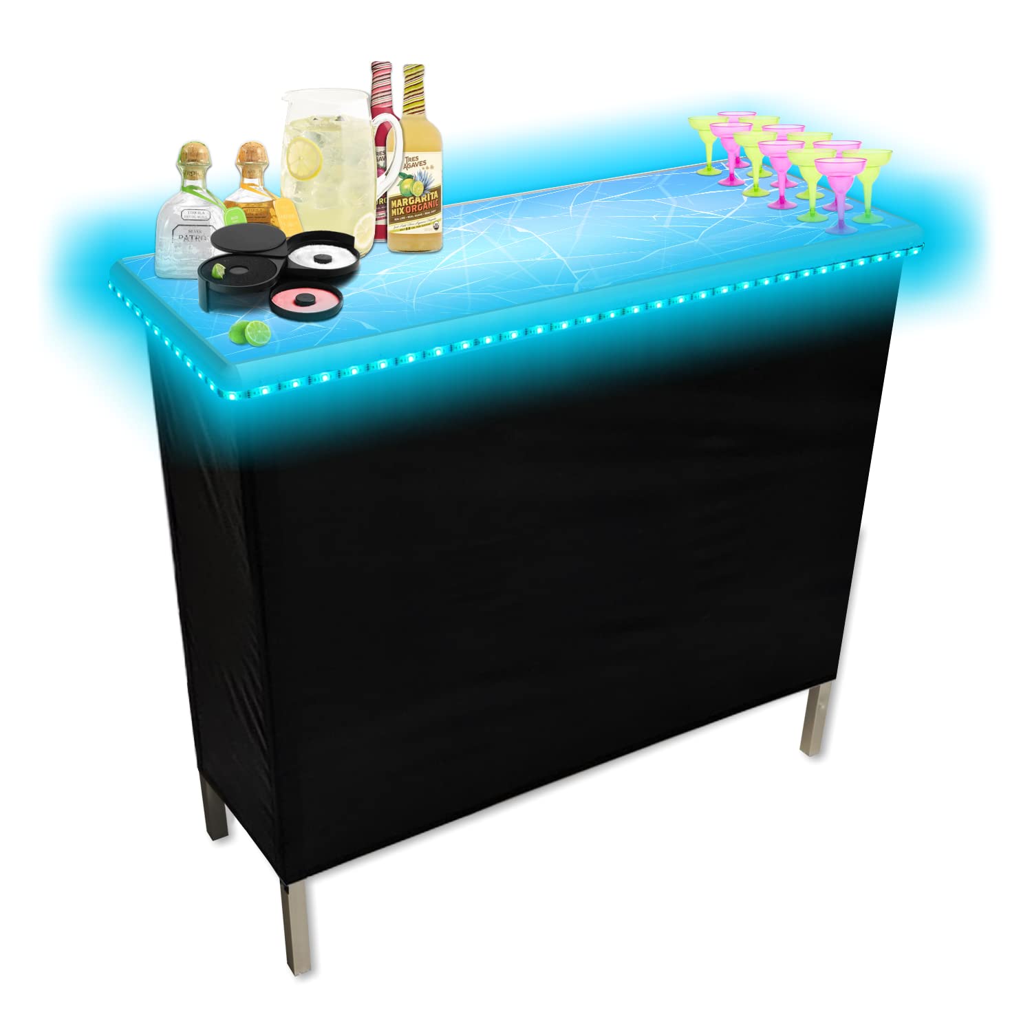 PartyPong Iced Folding Portable Party Bar with Multi-Color LED Lights, Black Skirt & Storage Shelf - Perfect for Backyard BBQs, Tailgating & Outdoor Entertaining