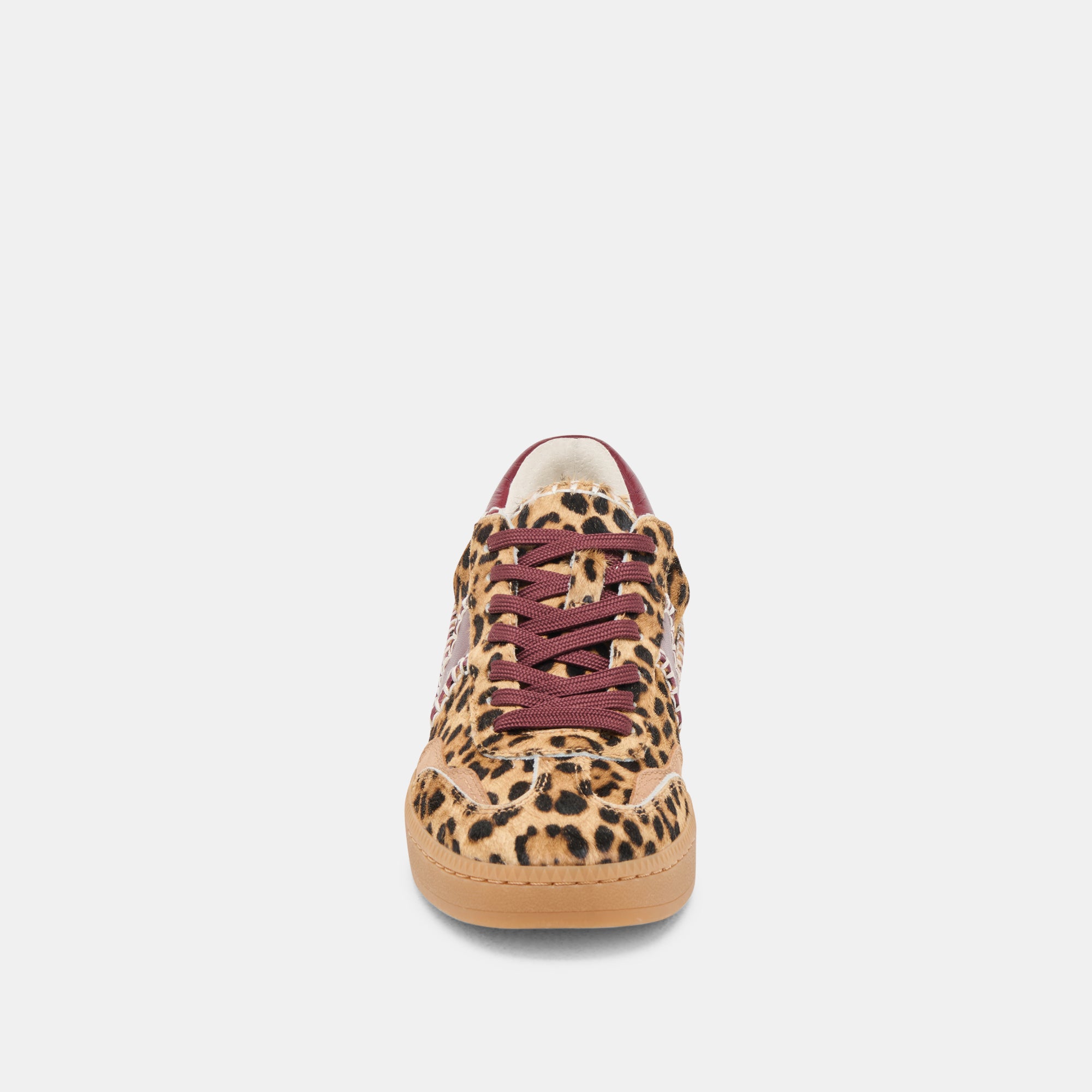 Stylish Notice Stitch Sneakers in Burgundy Leopard Calf Hair - Fashionable Women's Casual Shoes for Everyday Wear & Street Style