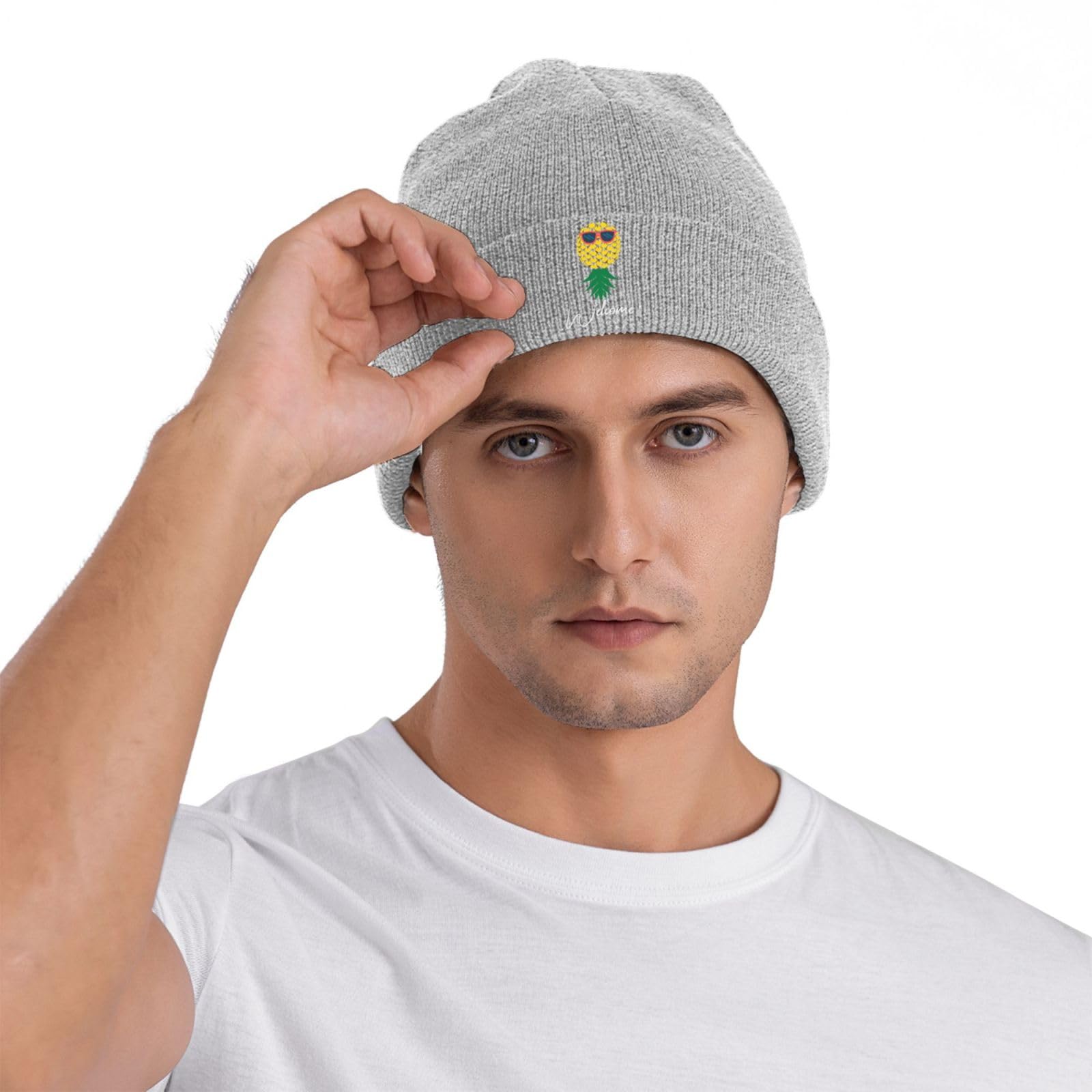 Funny Pineapple Welcome Upside Down Beanie Hat for Men & Women - Warm Knitted Slouchy Skull Cap in Black - Perfect for Winter Fashion, Christmas Gifts & Tropical Themed Parties